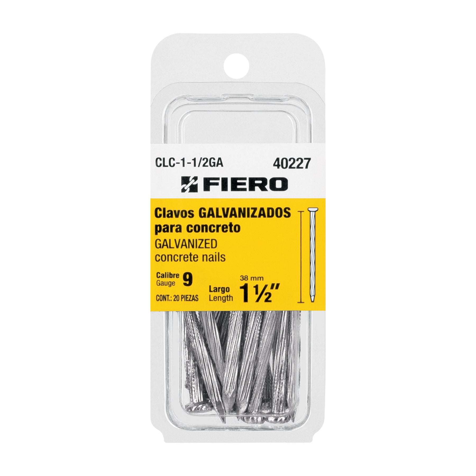 Blíster con 20 clavos galvanizados para concreto 1-1/2", Fiero
