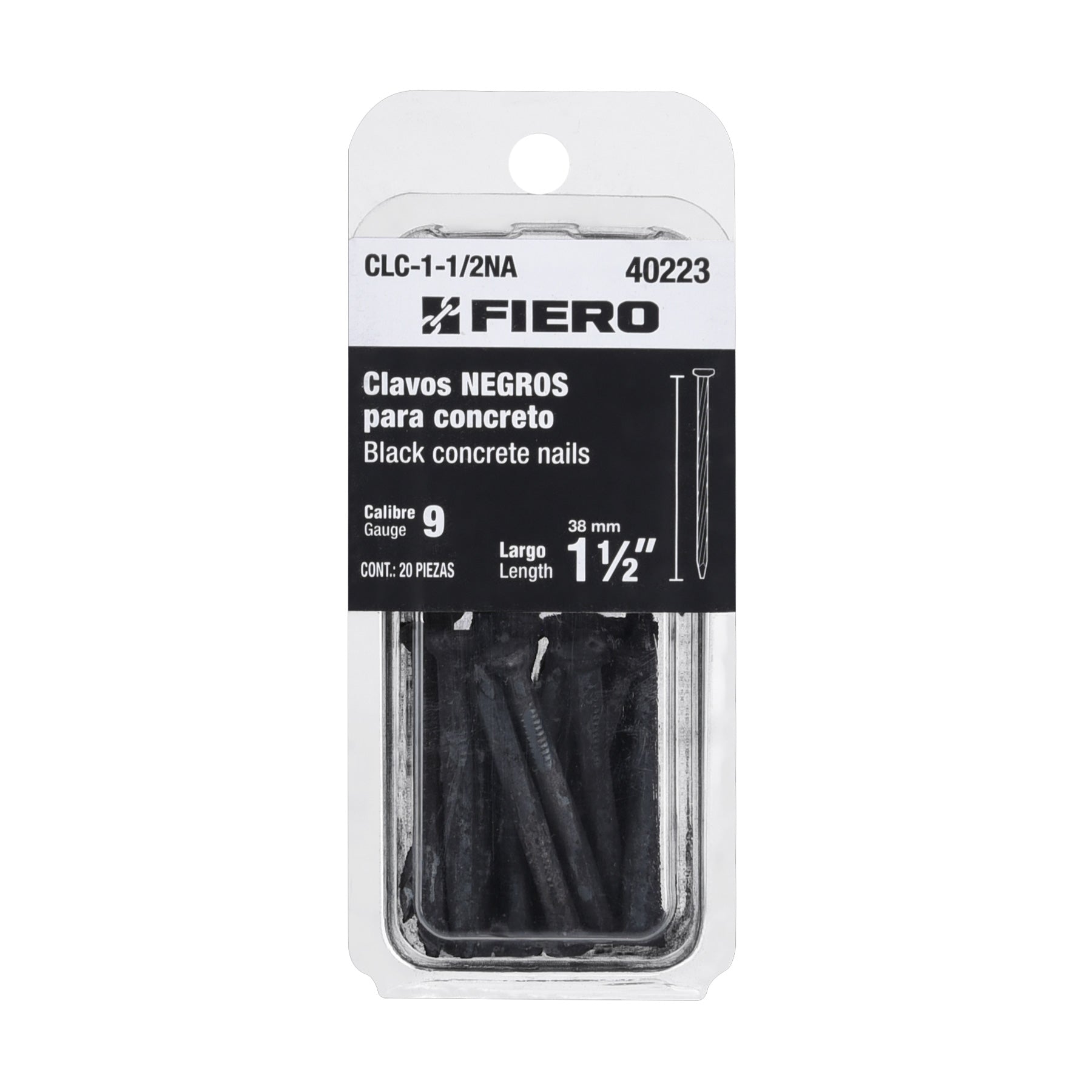 Blíster con 20 clavos negros para concreto 1-1/2", Fiero
