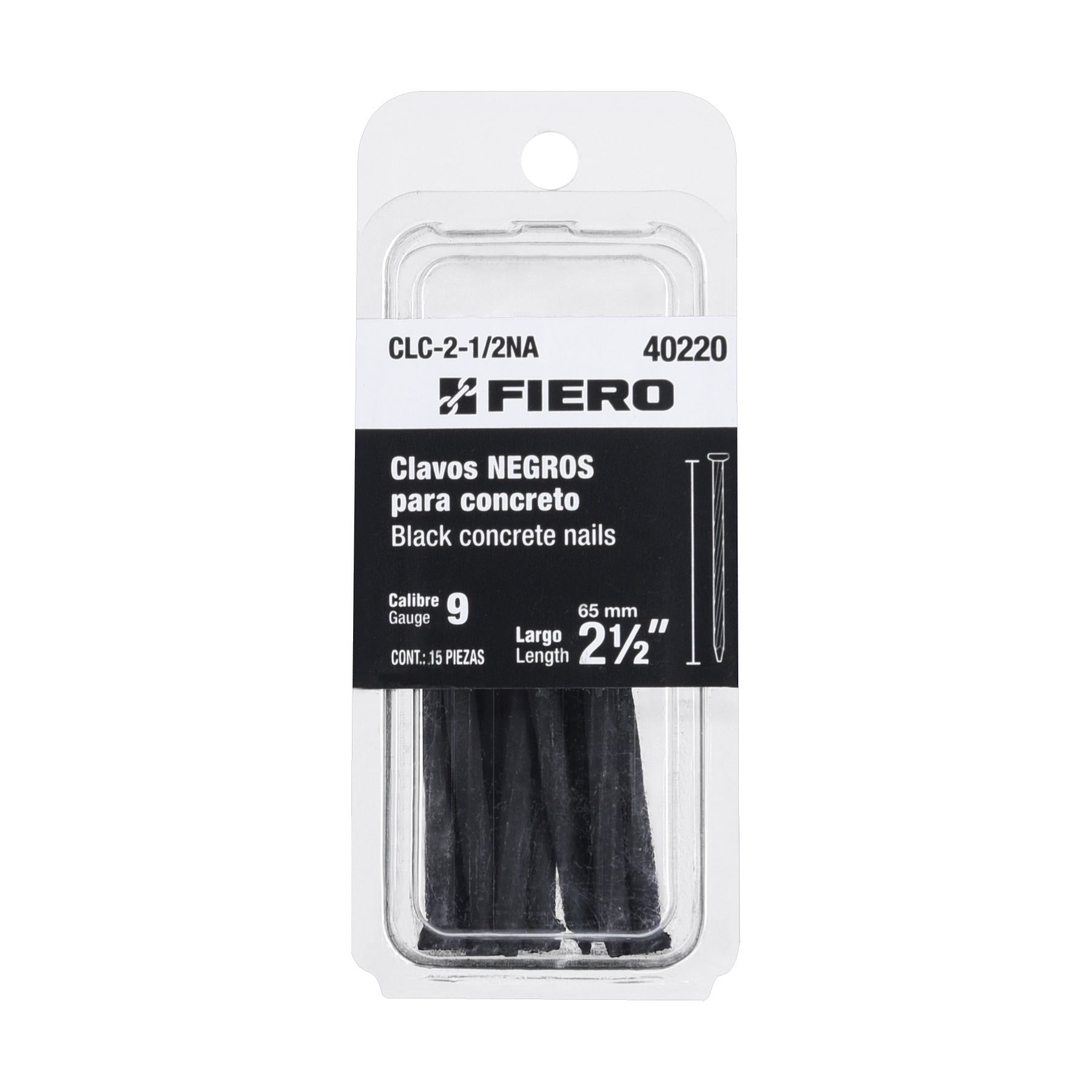 Blíster con 15 clavos negros para concreto 2-1/2", Fiero