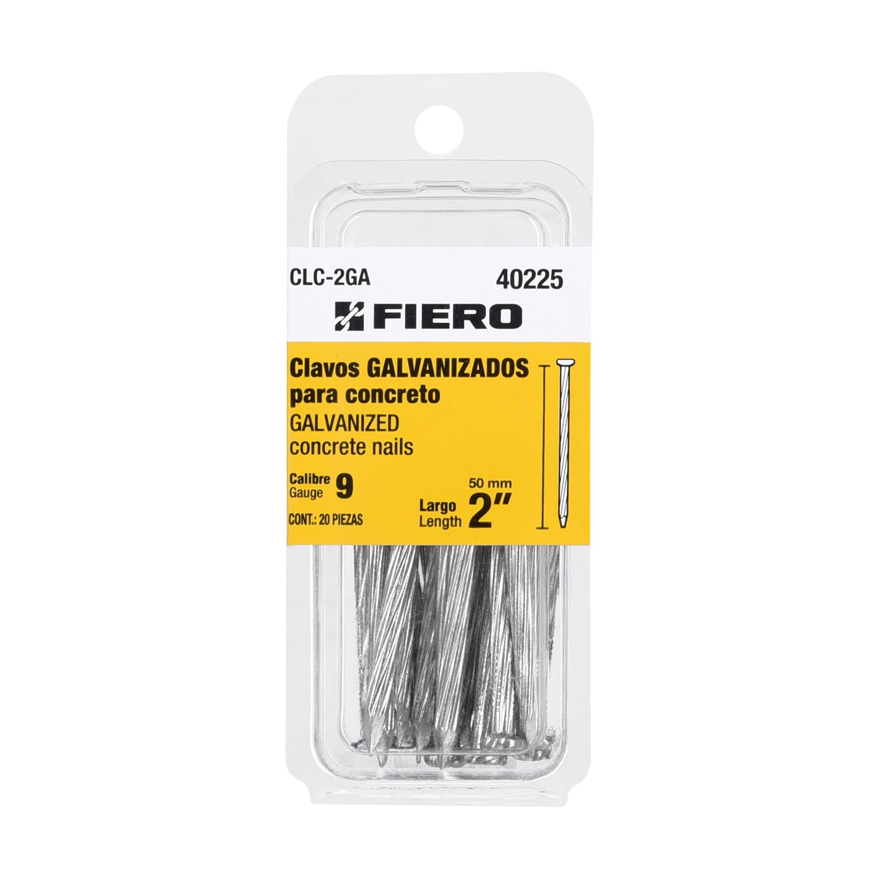 Blíster con 20 clavos galvanizados para concreto 2", Fiero