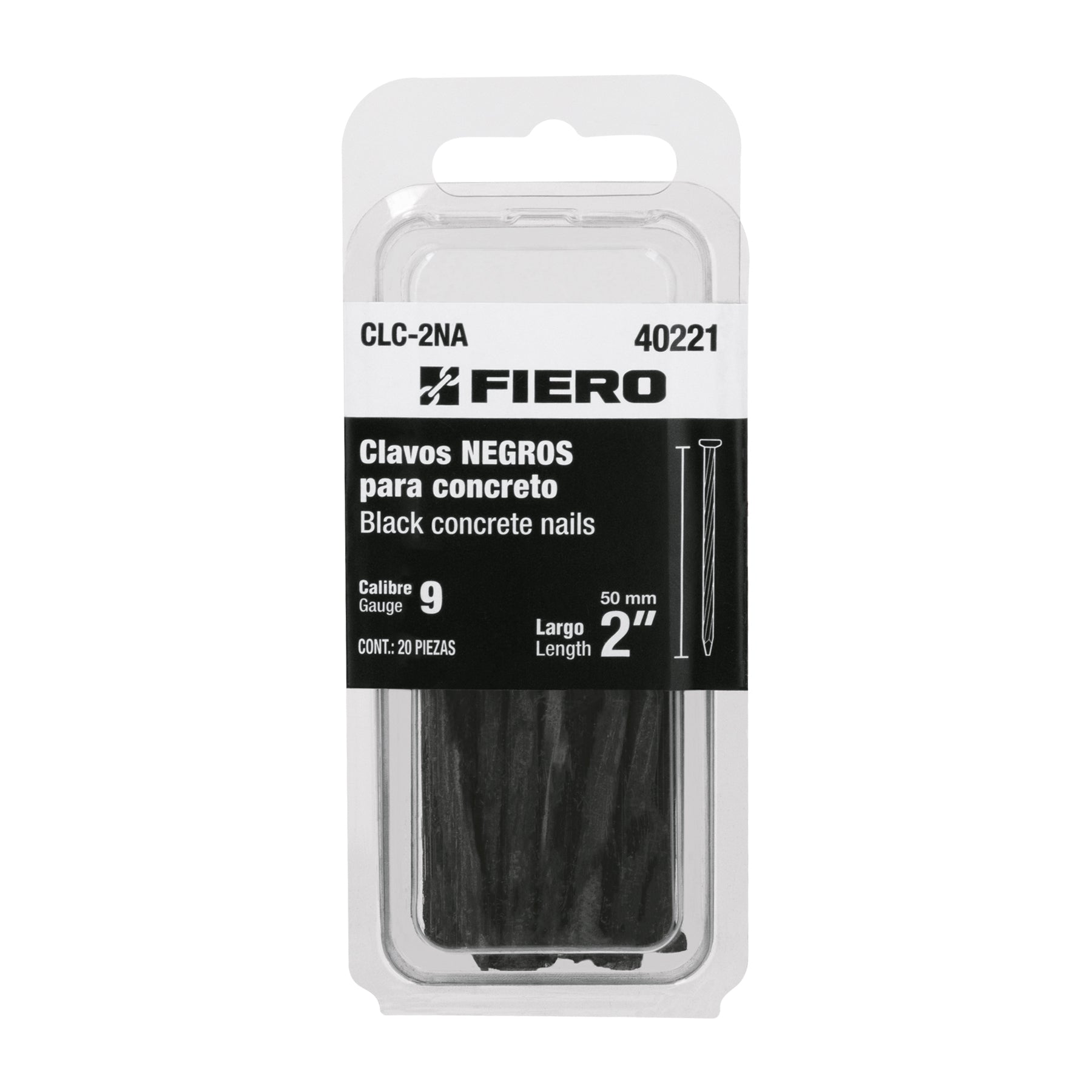 Blíster con 20 clavos negros para concreto 2", Fiero
