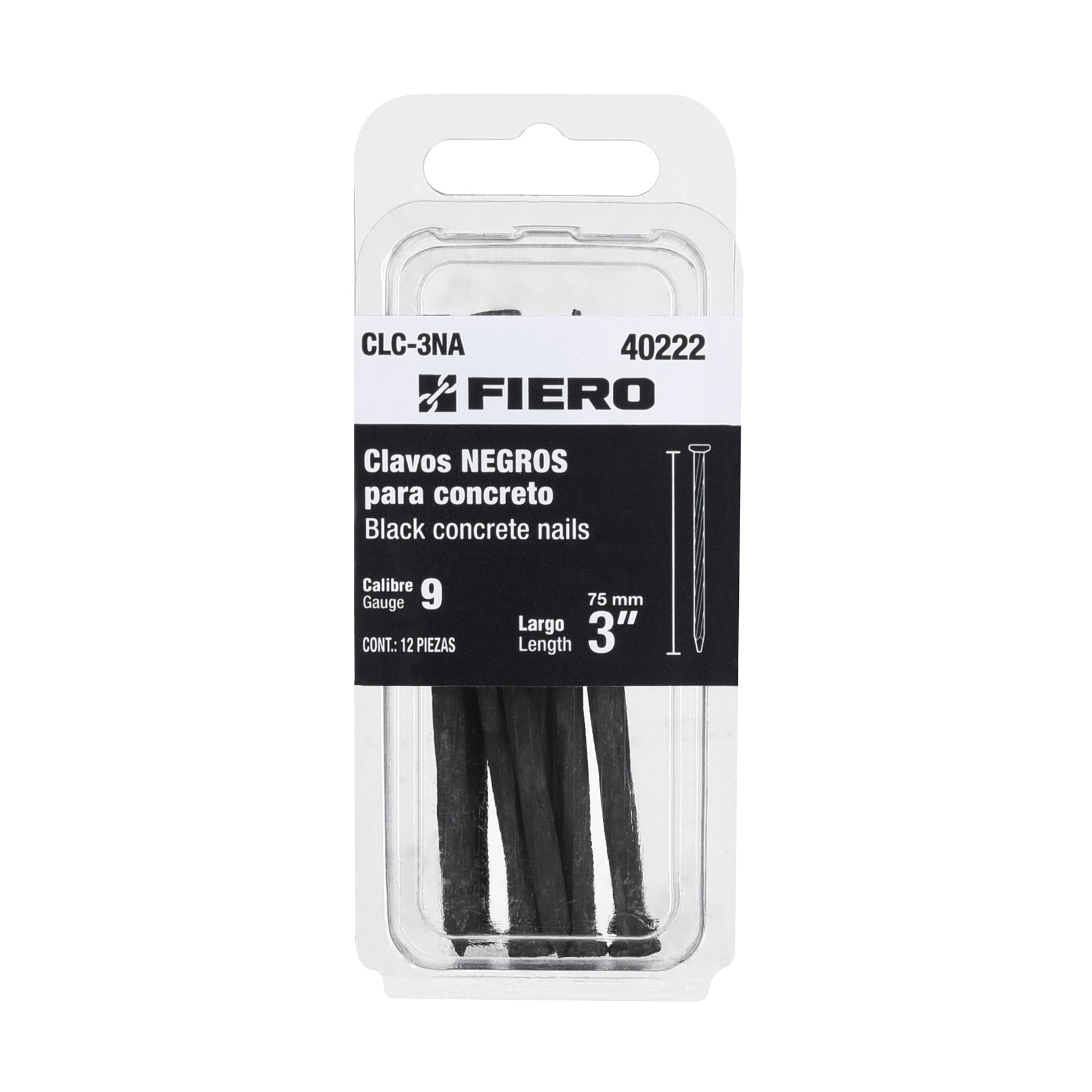 Blíster con 12 clavos negros para concreto 3", Fiero