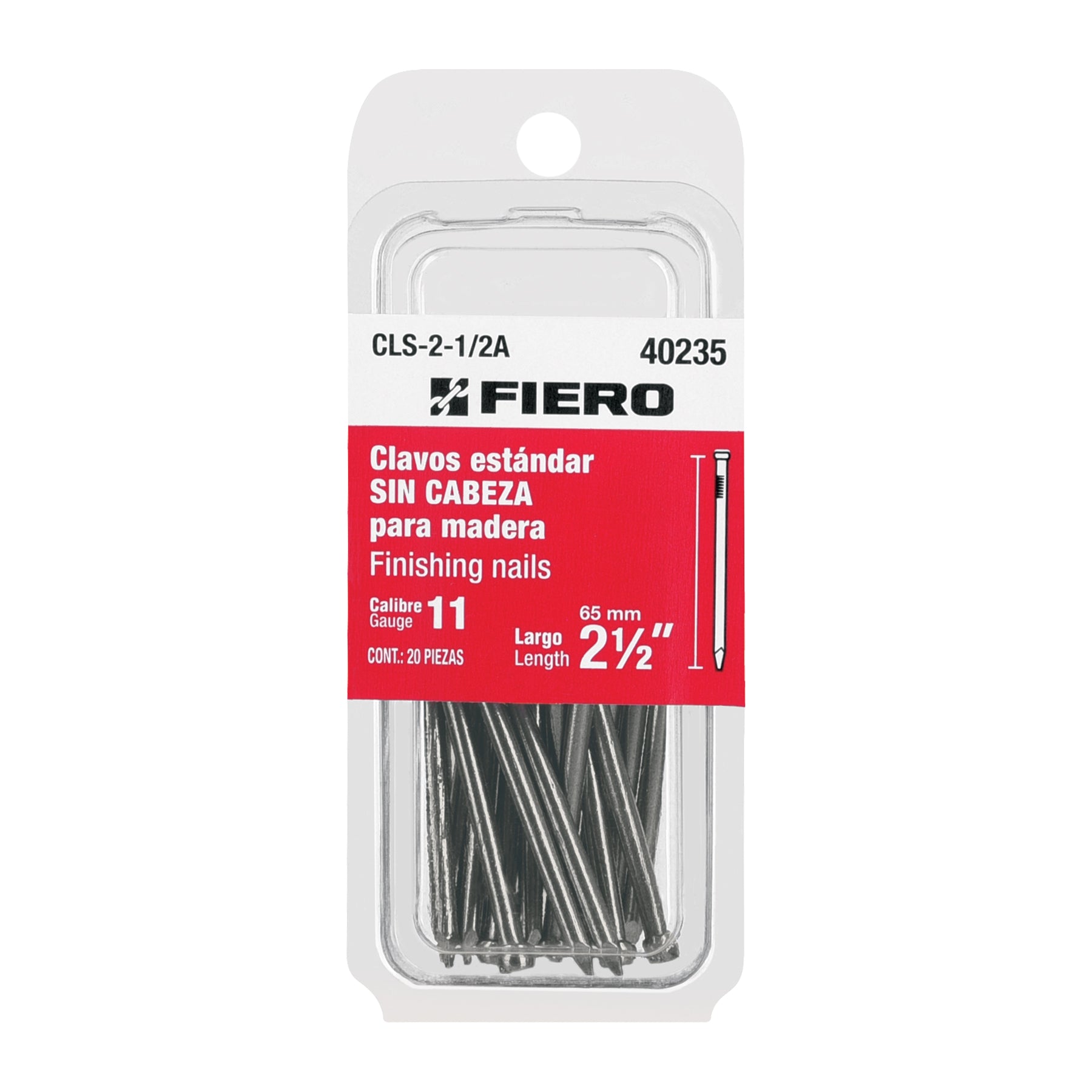 Blíster con 20 clavos estándar 2-1/2" sin cabeza, Fiero