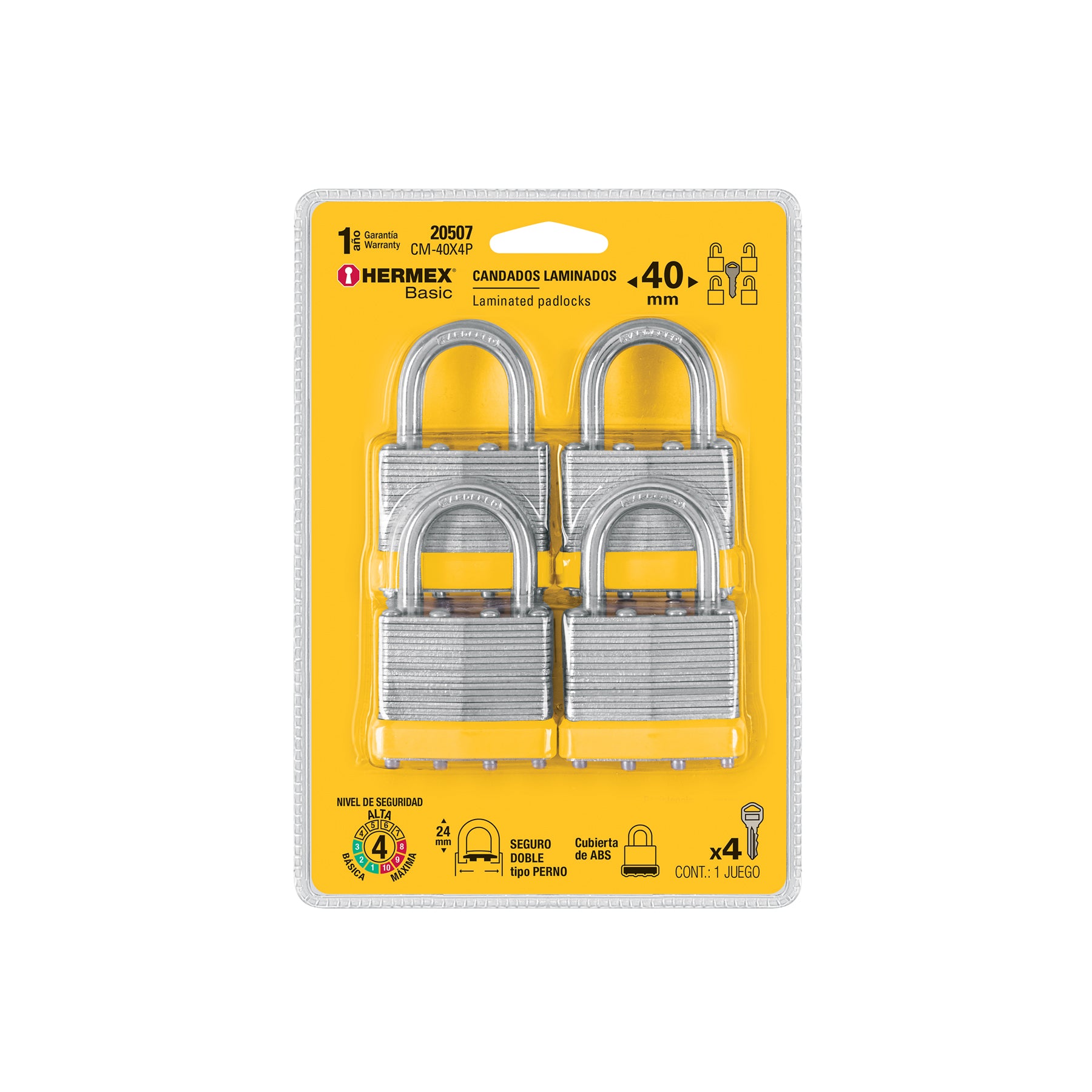 Juego de 4 candados cuerpo laminado, 40 mm, Hermex BASIC