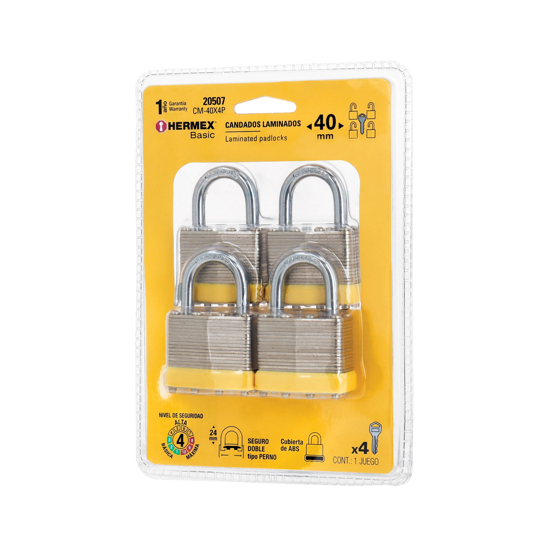 Juego de 4 candados cuerpo laminado, 40 mm, Hermex BASIC