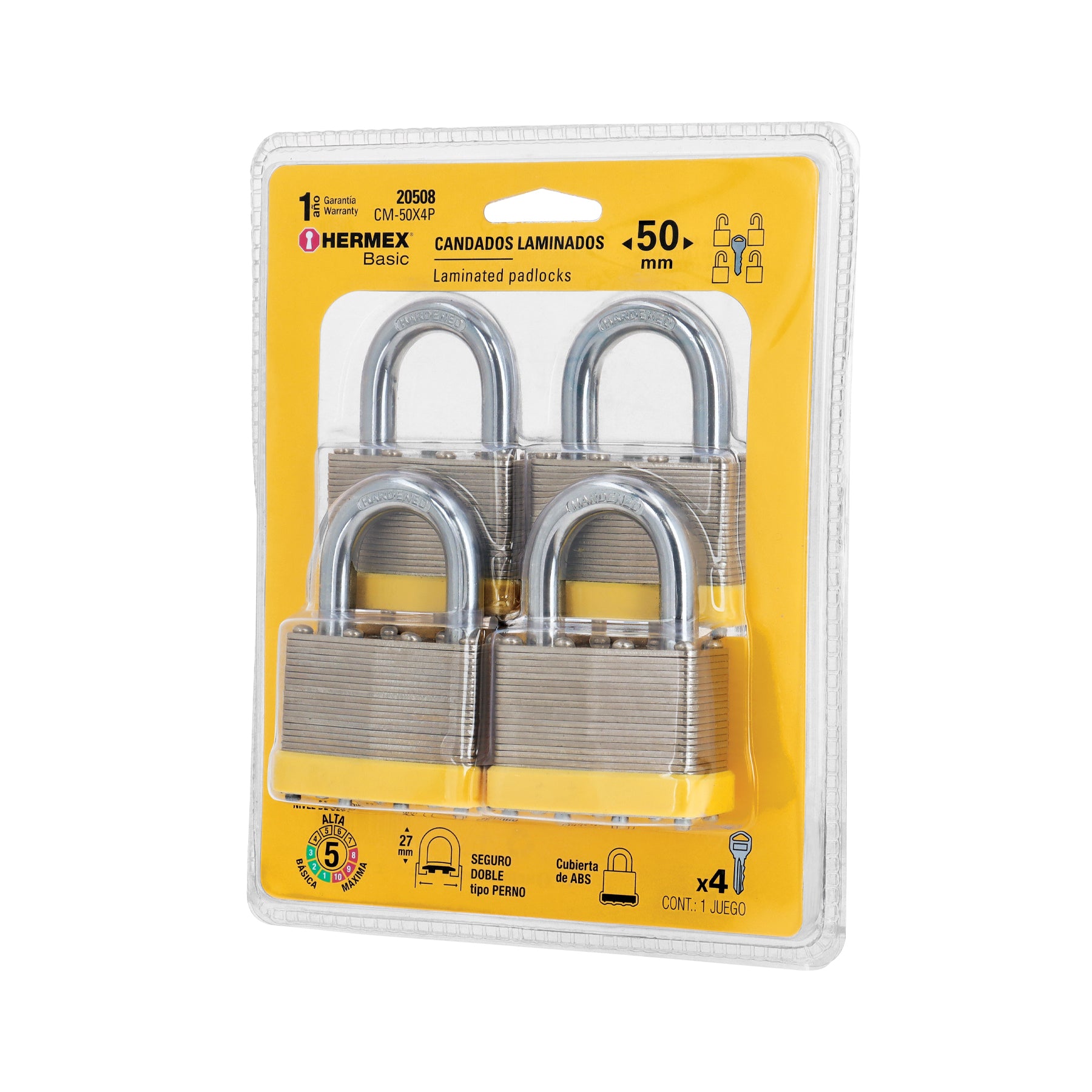 Juego de 4 candados cuerpo laminado, 50 mm, Hermex BASIC
