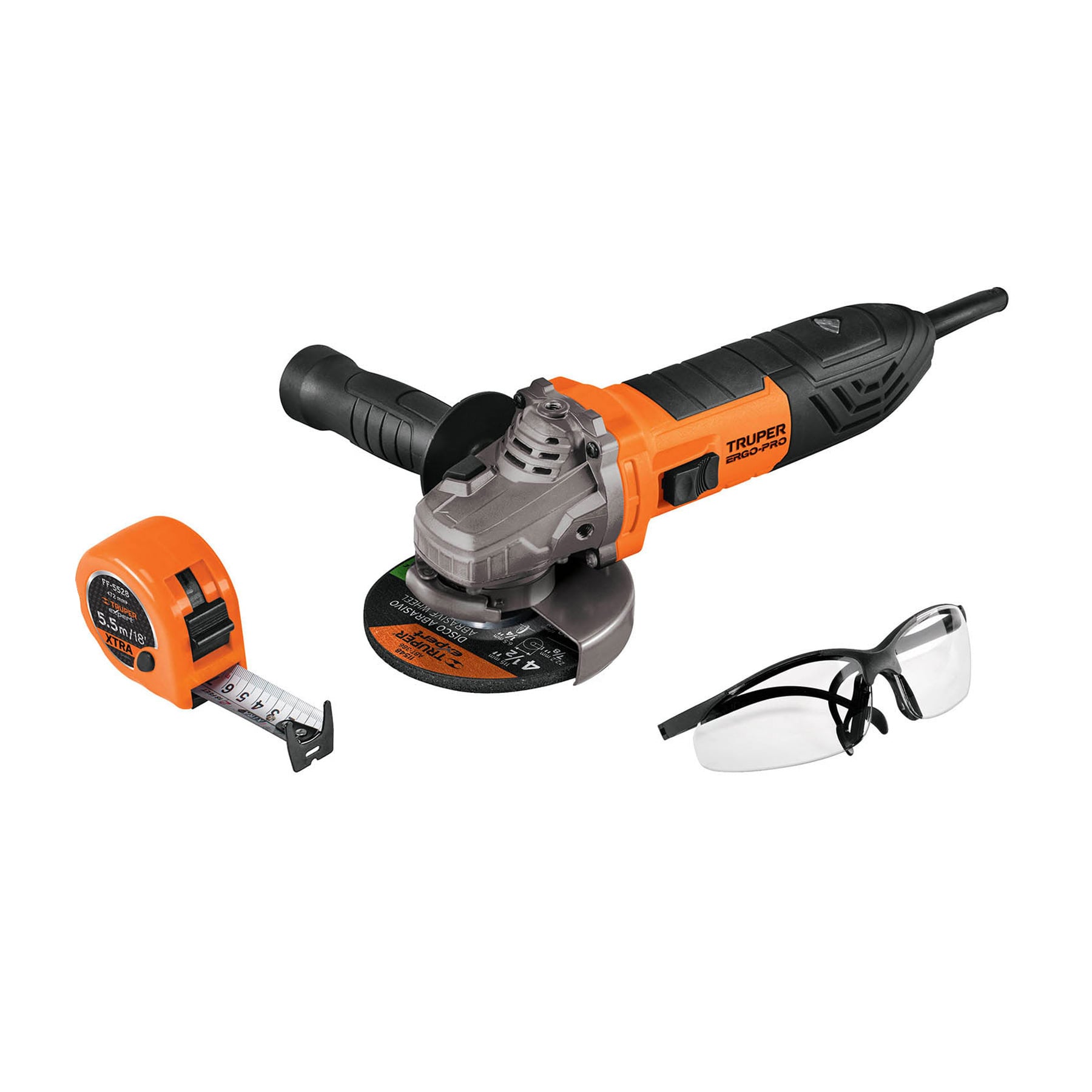Combo esmeriladora 4-1/2", 850W,lentes y flexómetro, ERGO-PRO