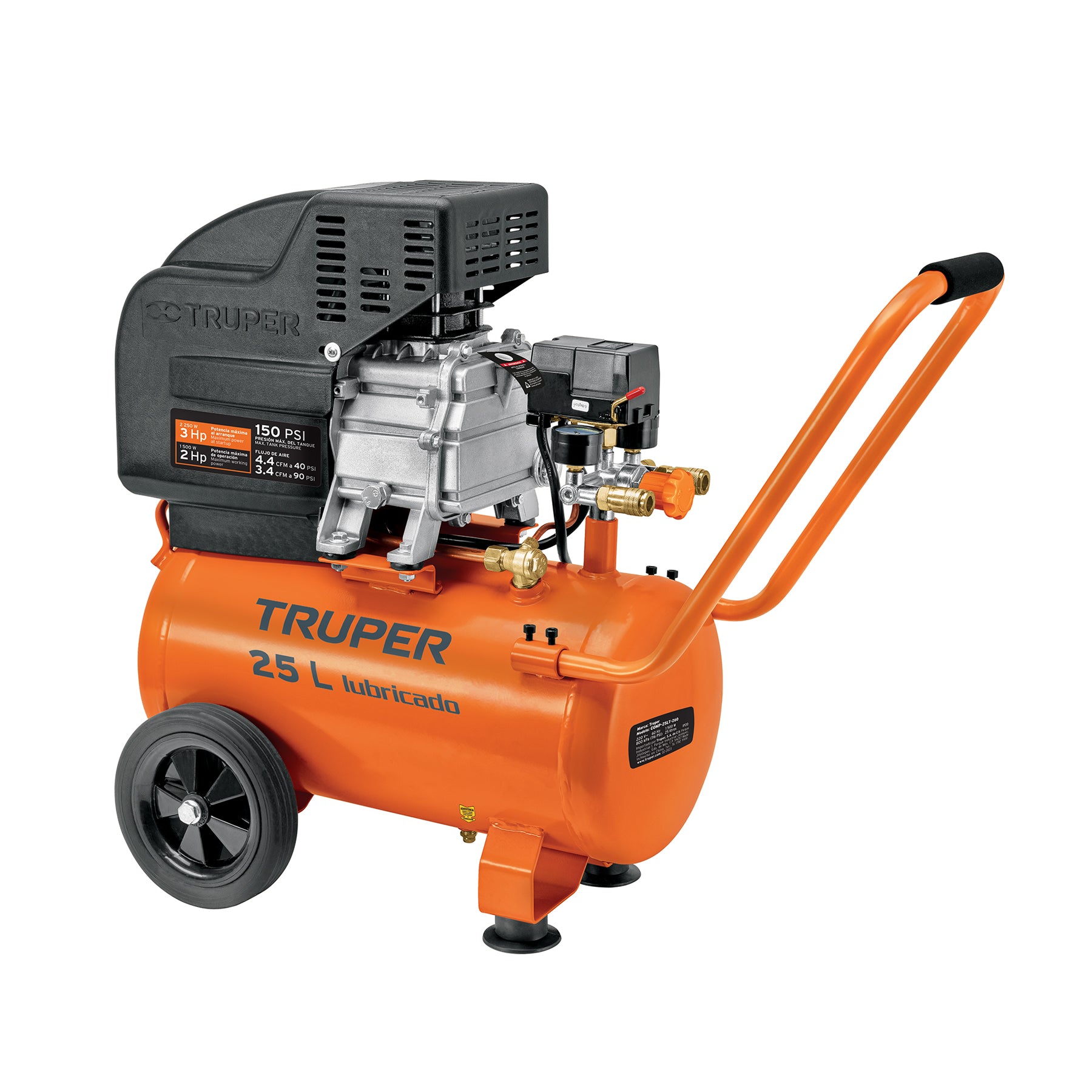 Compresor lubricado, 25L, 3HP, horizontal, 127V, Truper