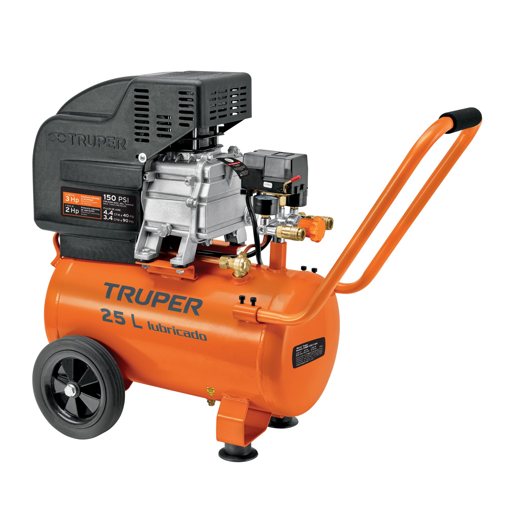 Compresor lubricado, 25L, 3HP, horizontal, 127V, Truper
