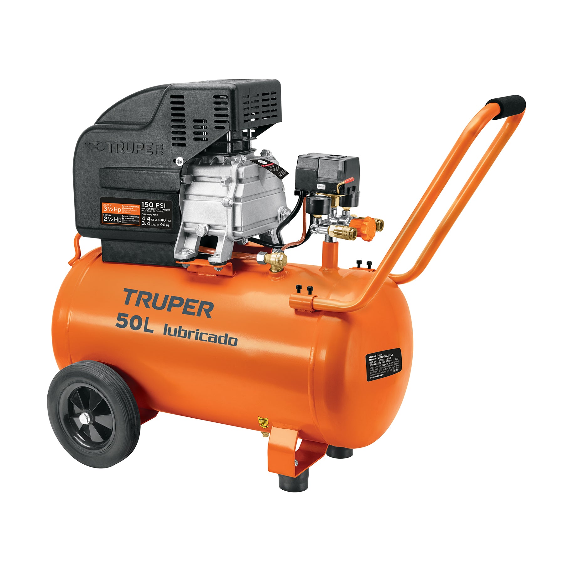 Compresor lubricado, 50L, 3-1/2HP, horizontal, 127V, Truper