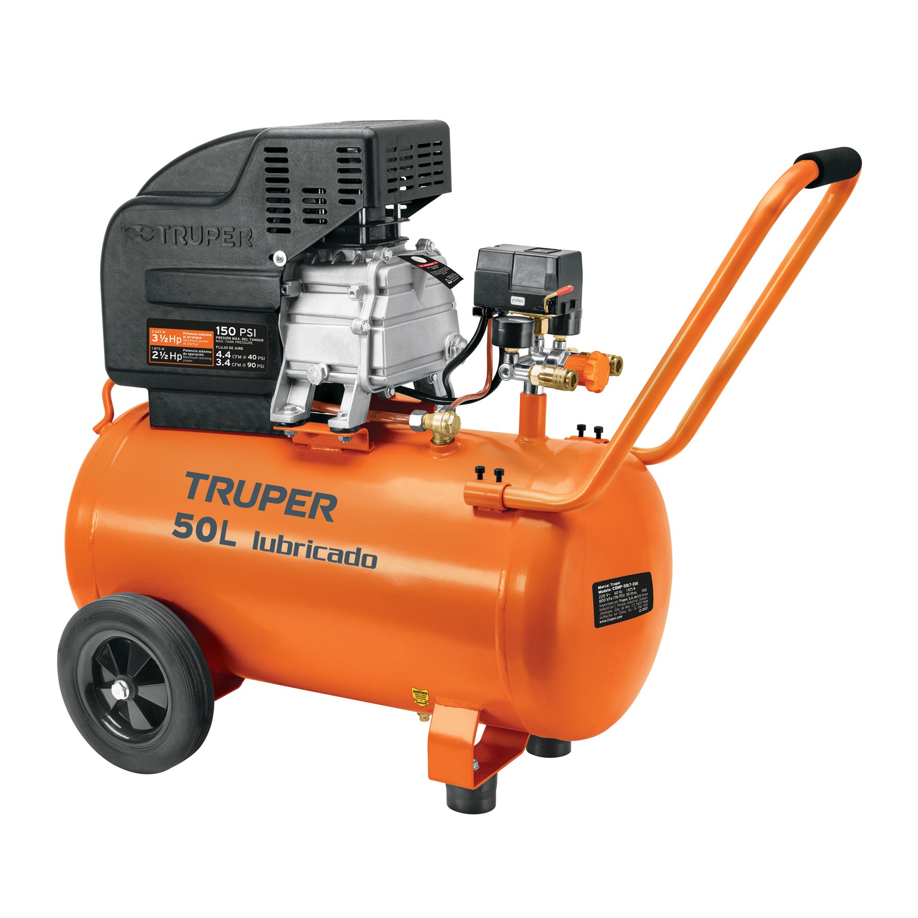 Compresor lubricado, 50L, 3-1/2HP, horizontal, 127V, Truper
