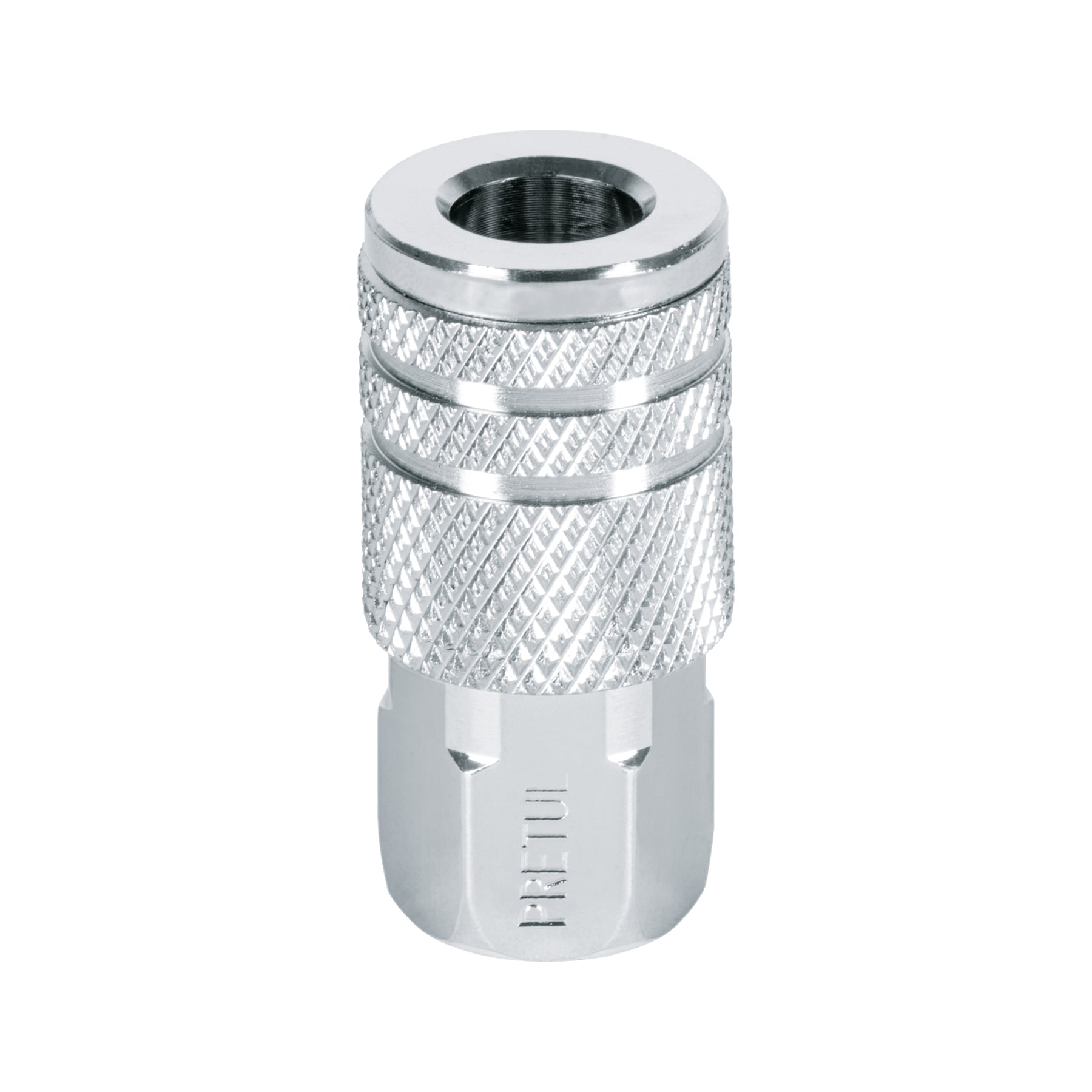Cople rápido de acero, hembra, cuerda 1/4" NPT, Pretul