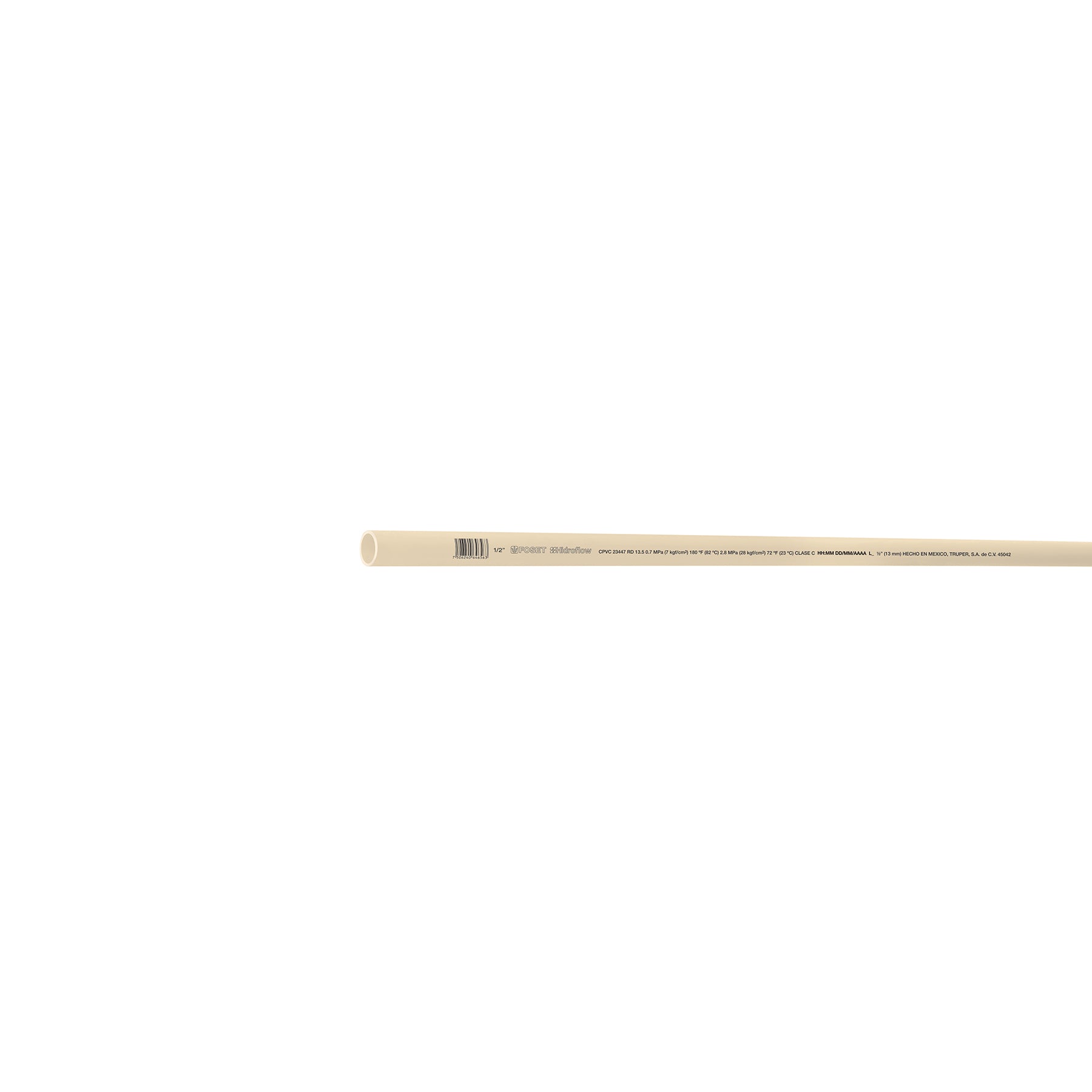 Tubo de 1/2" CPVC hidráulico RD 13.5, 3m, 0.3kg, Foset