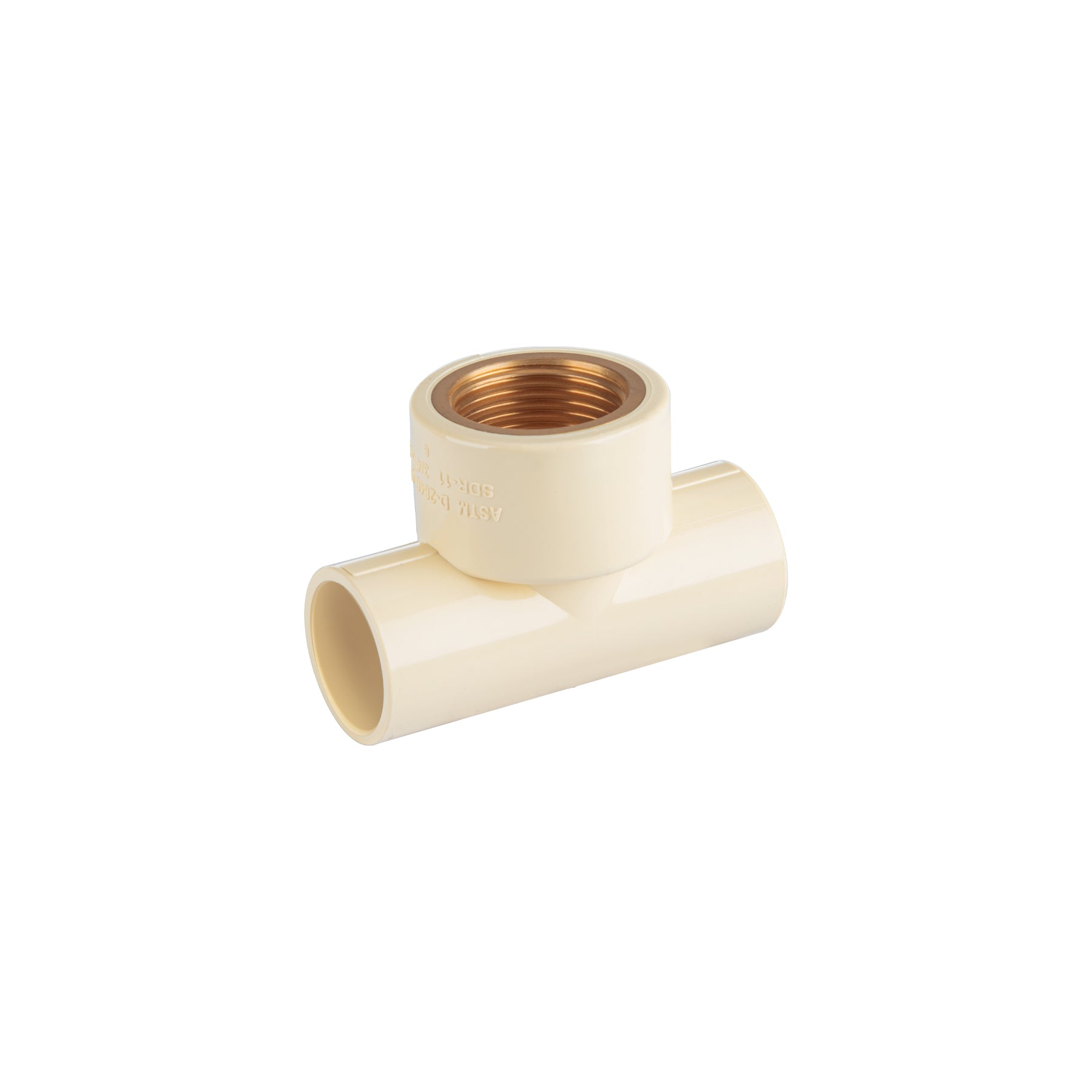Tee CPVC, 3/4", rosca central hembra, inserto de latón, FOSE