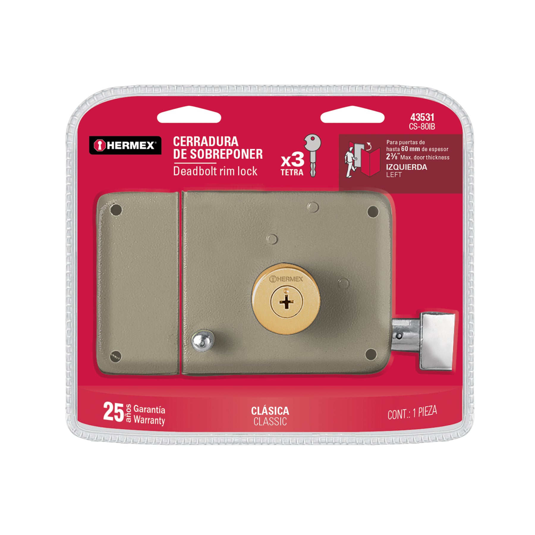Cerradura sobreponer derecha clásica, llave tetra, blíster, Hermex, CS-80DB, 43529