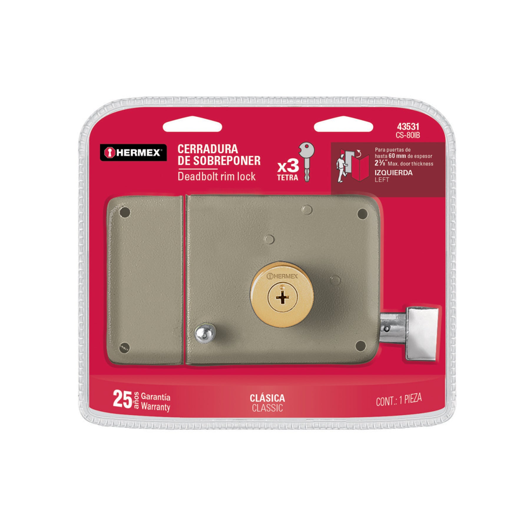 Cerradura sobreponer izquierda clásica, llave tetra, blíster, Hermex, CS-80IB, 43531