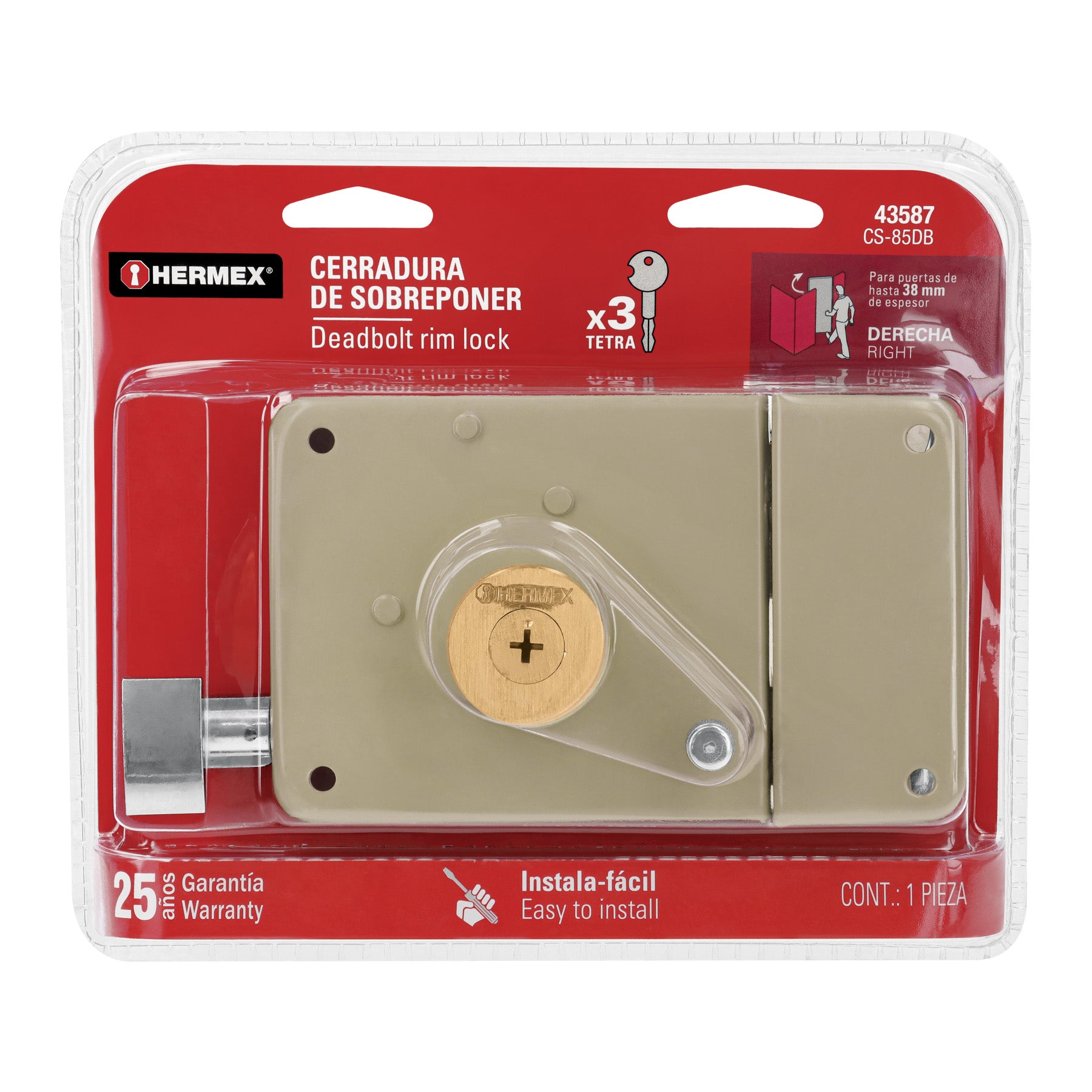 Cerradura sobreponer der instala-fácil, llave tetra, blíster, Hermex, CS-85DB, 43587