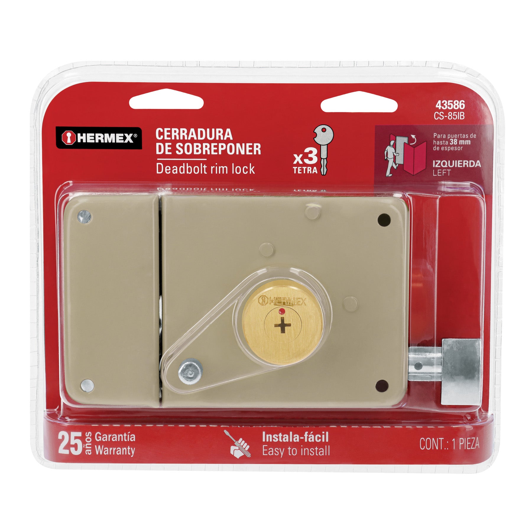 Cerradura sobreponer izq instala-fácil, llave tetra, blíster, Hermex, CS-85IB, 43586