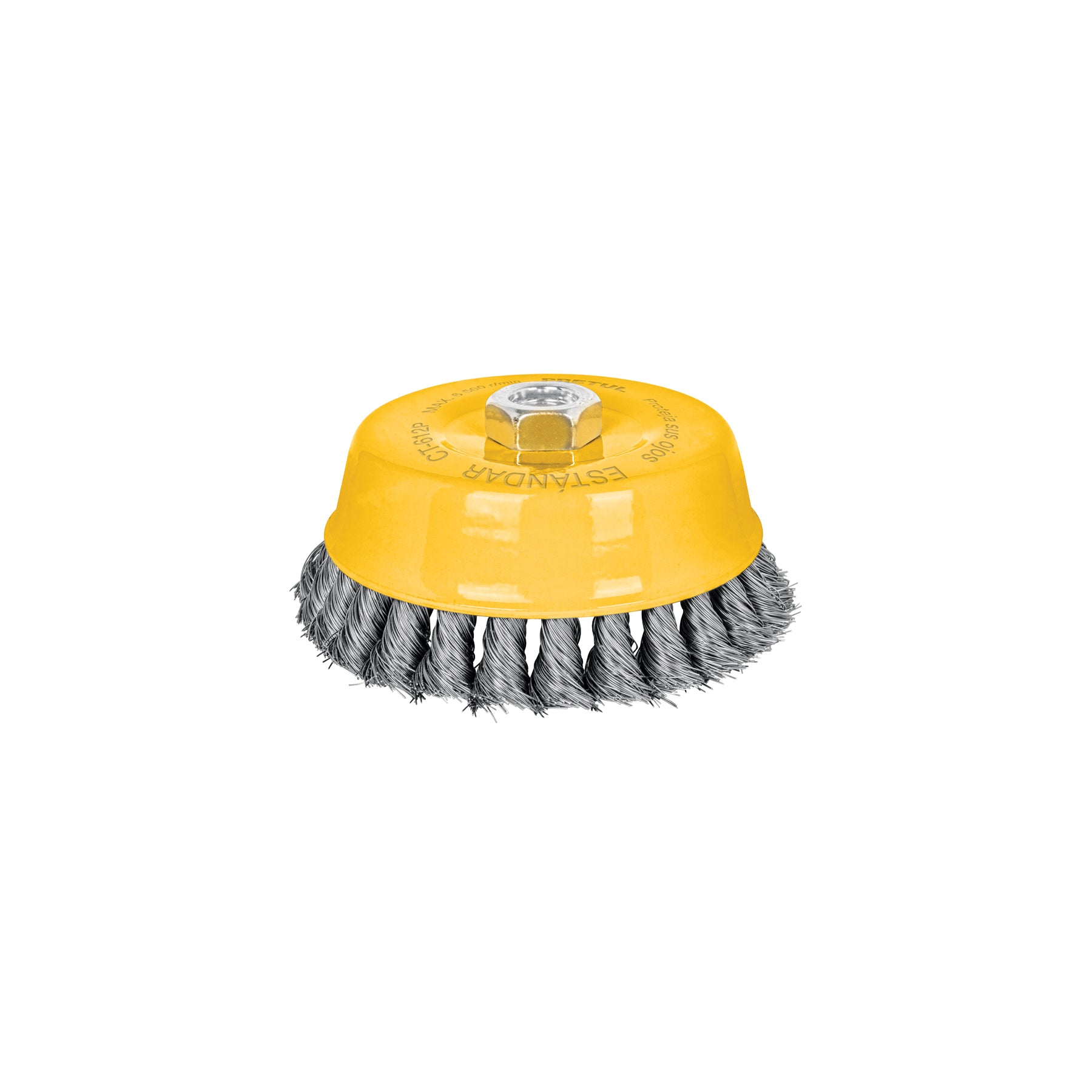 Carda copa 5" alambre trenzado fino, eje 5/8"-11, Pretul