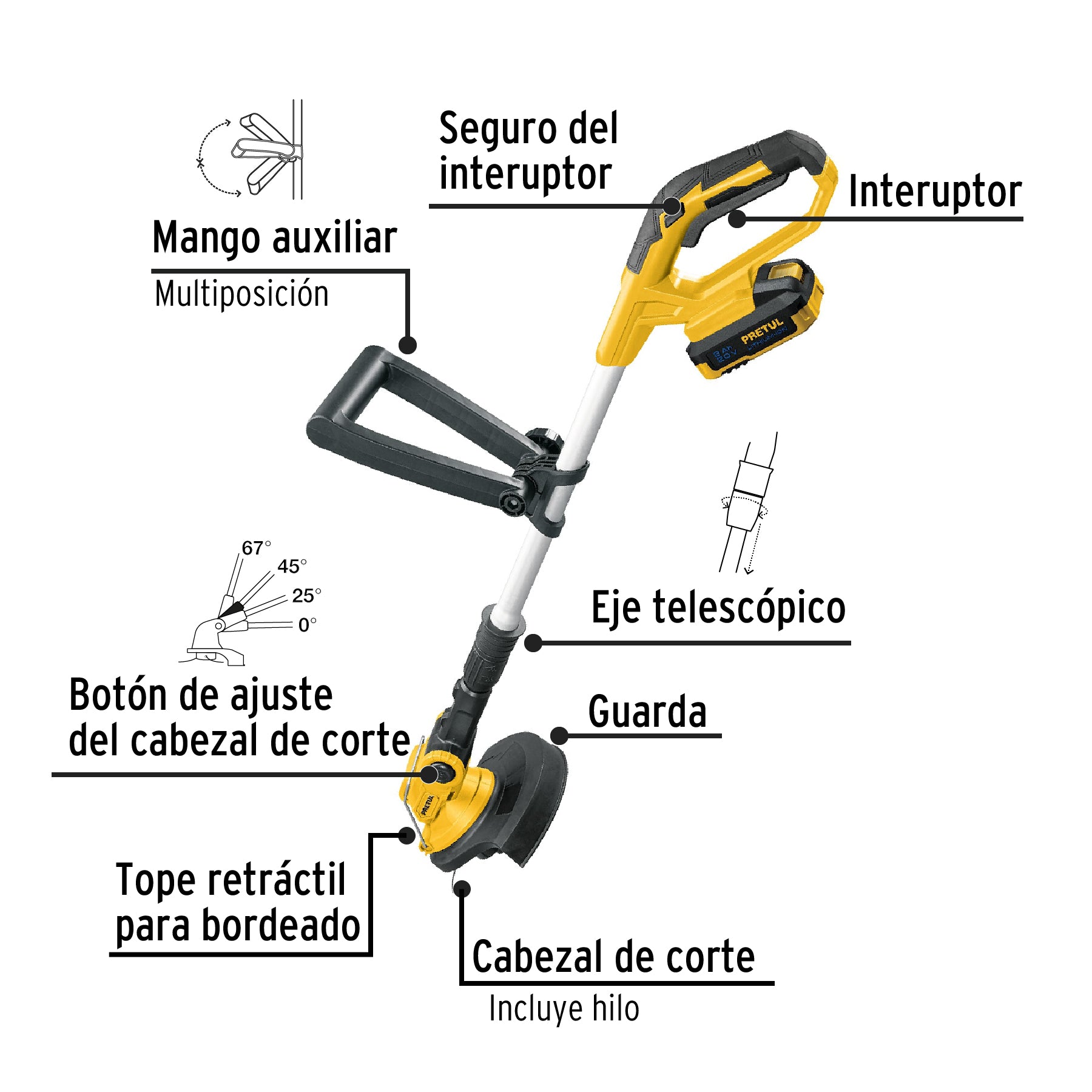 Desbrozadora inalámbrica 20V, 1 batería 2Ah, 1 cargador Pretul