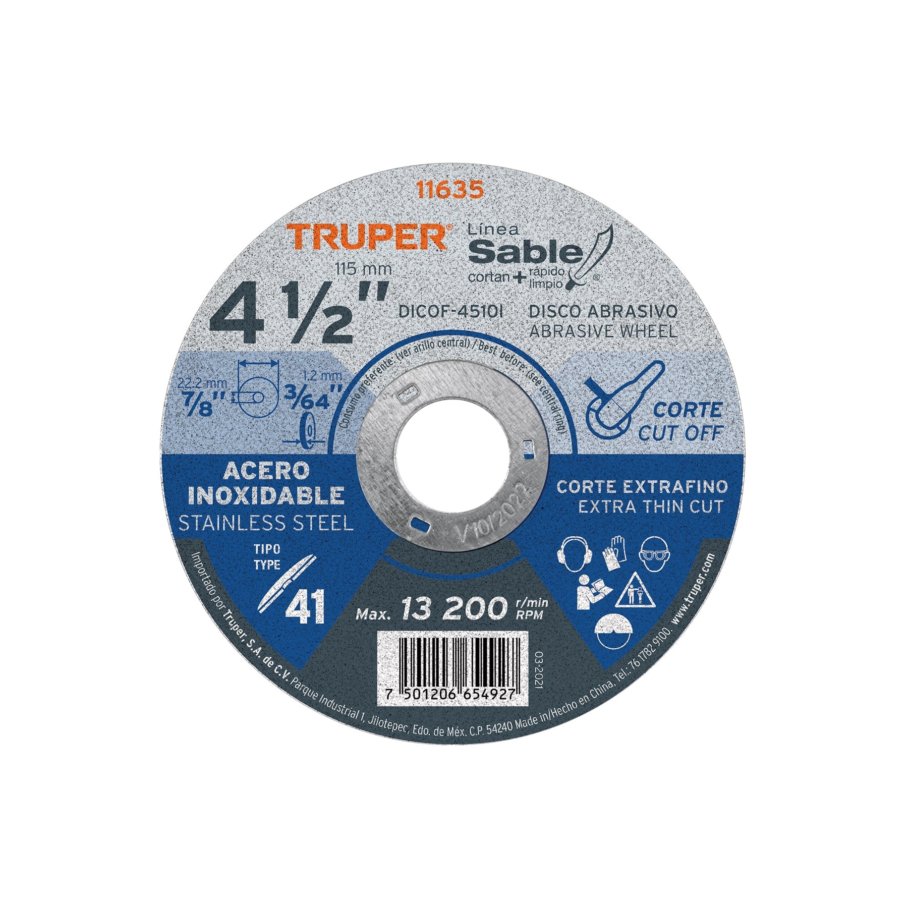 Disco Tipo 41 de 4-1/2" x 1 mm corte fino acero inoxidable Sable