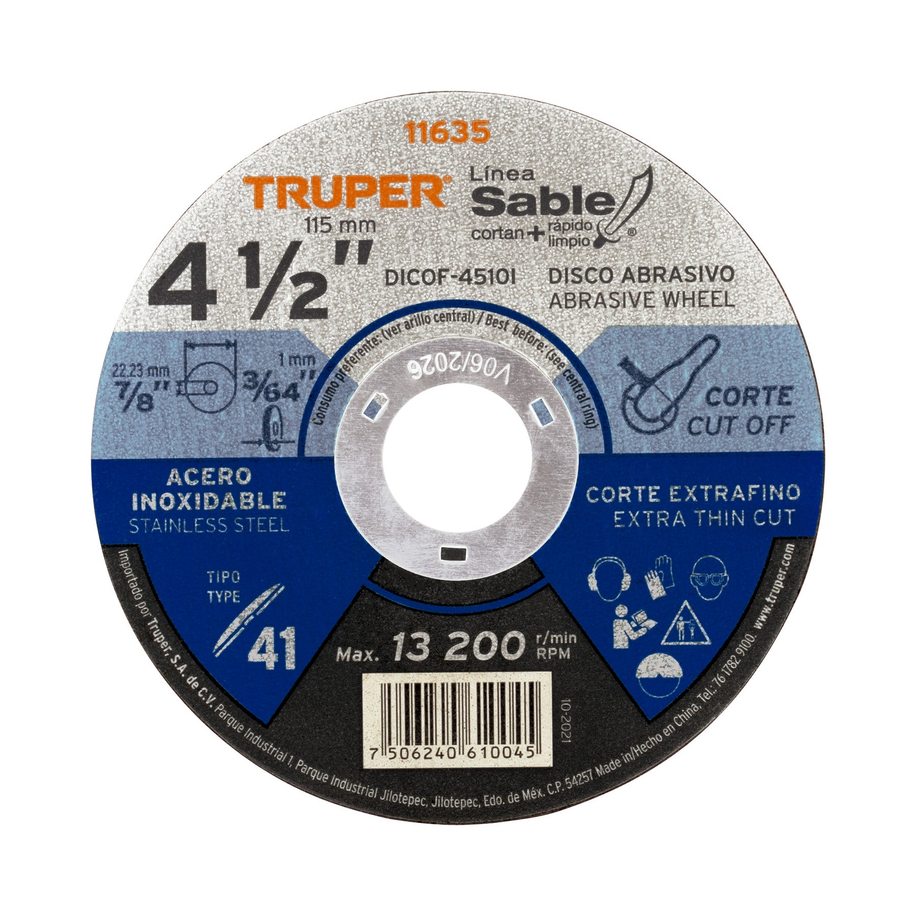 Disco Tipo 41 de 4-1/2" x 1 mm corte fino acero inoxidable Sable