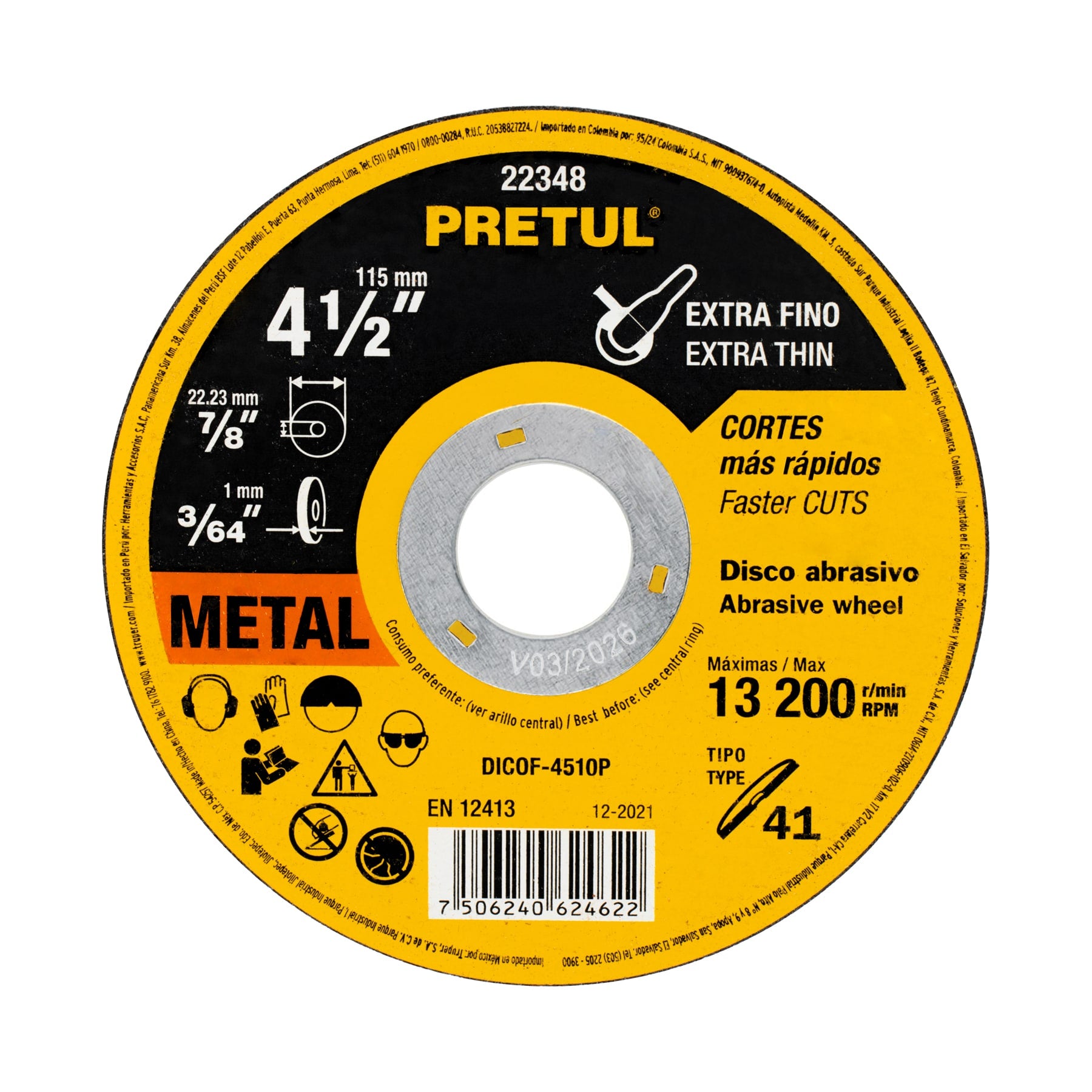 Disco abrasivo de corte preciso metal 4-1/2" x 1 mm, Pretul, DICOF-4510P, 22348