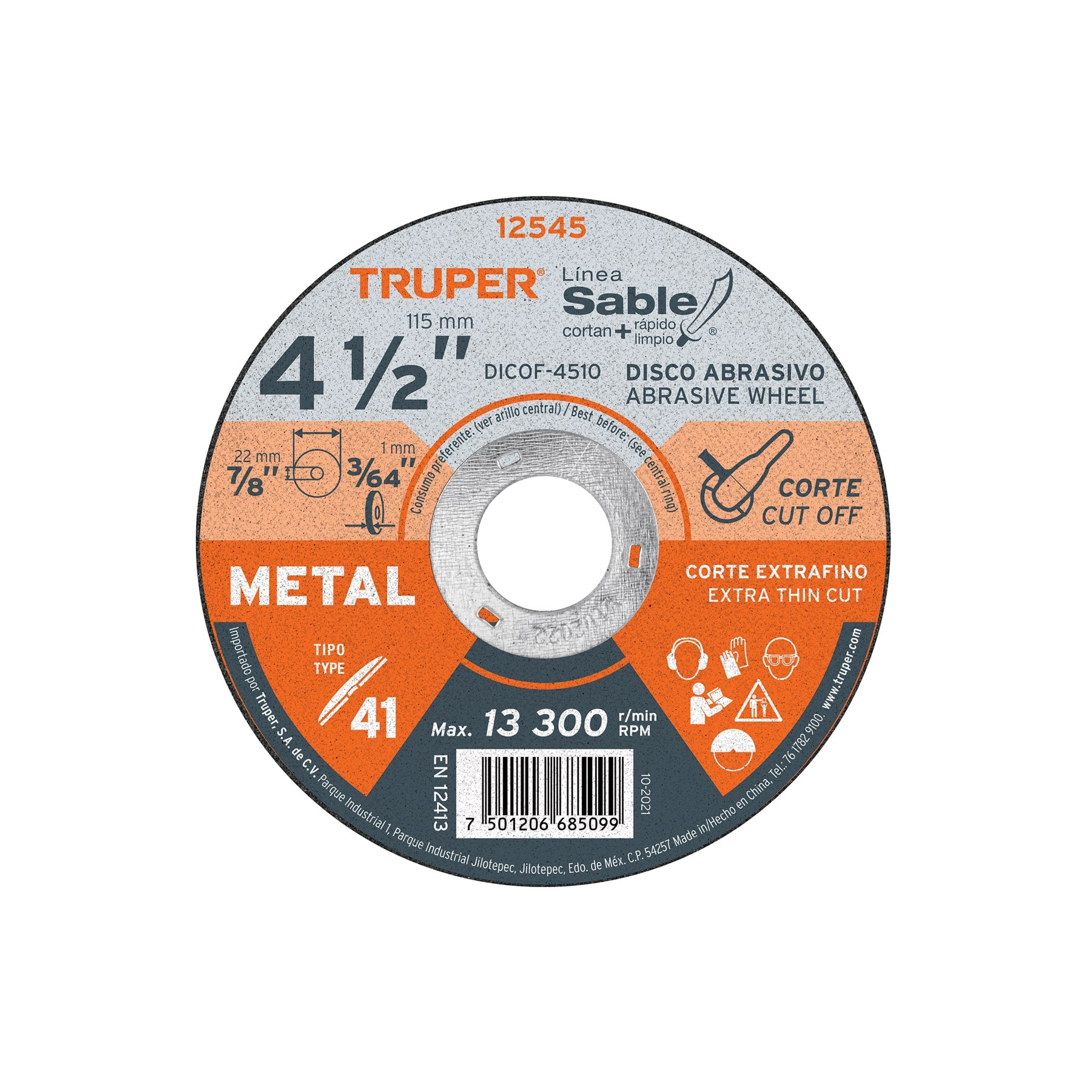 Disco Tipo 41 de 4-1/2" x 1 mm corte fino de metal, Sable