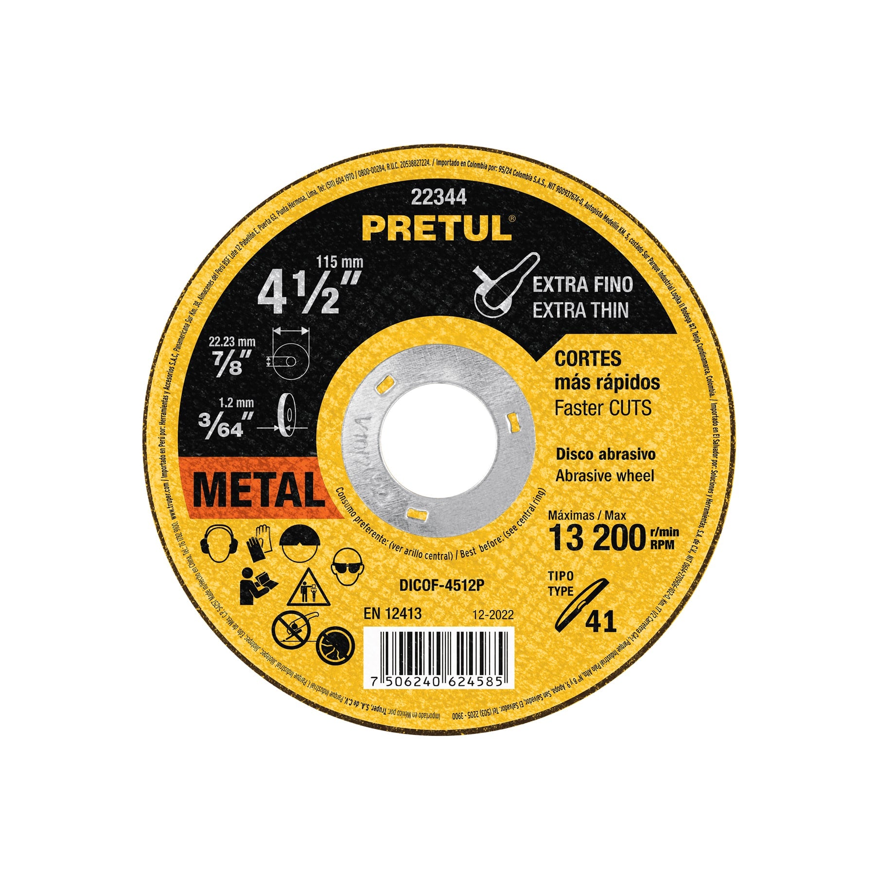 Disco abrasivo de corte preciso metal 4-1/2" x 1.2 mm, Pretul, DICOF-4512P, 22344