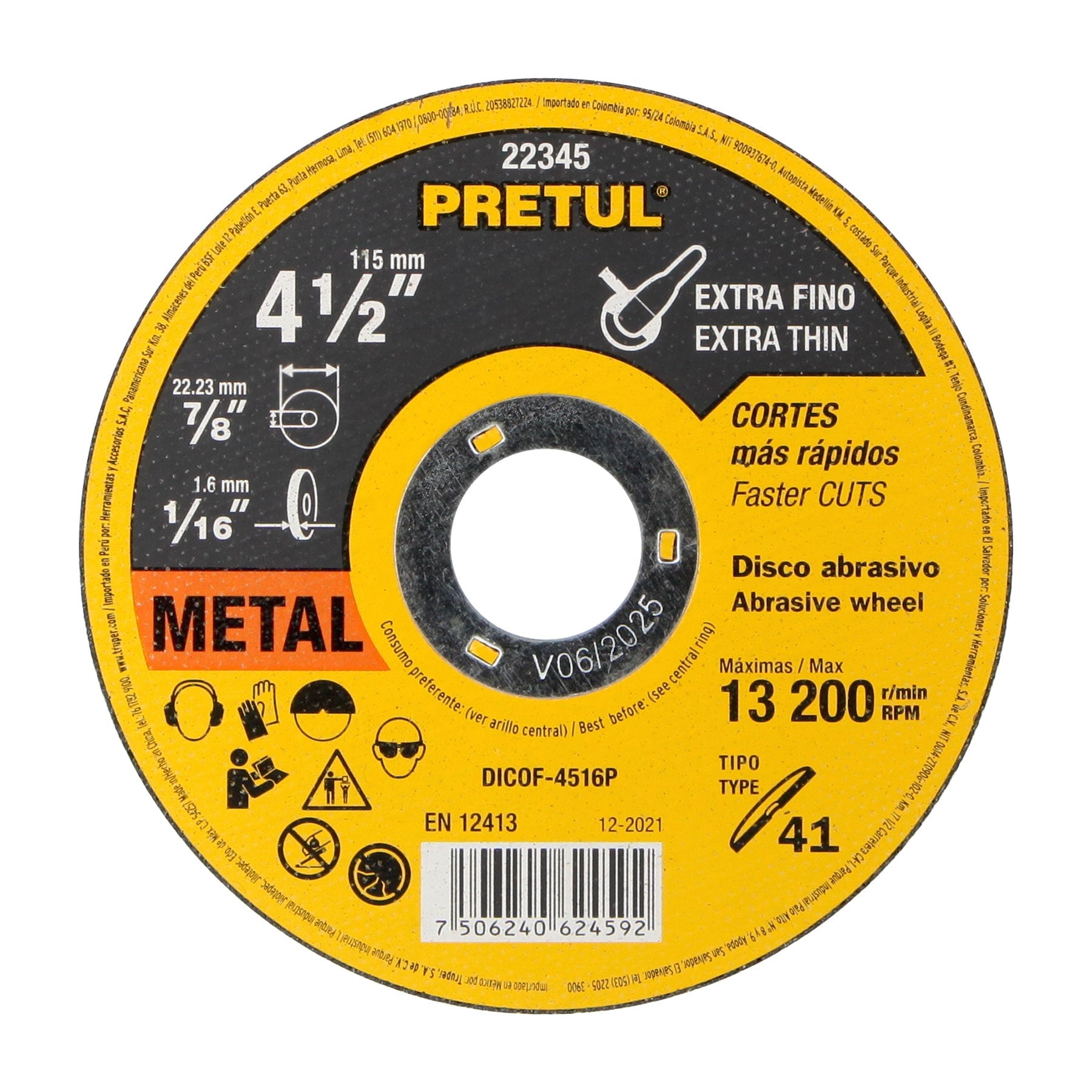 Disco abrasivo de corte preciso metal 4-1/2" x 1.6 mm, Pretul, DICOF-4516P, 22345
