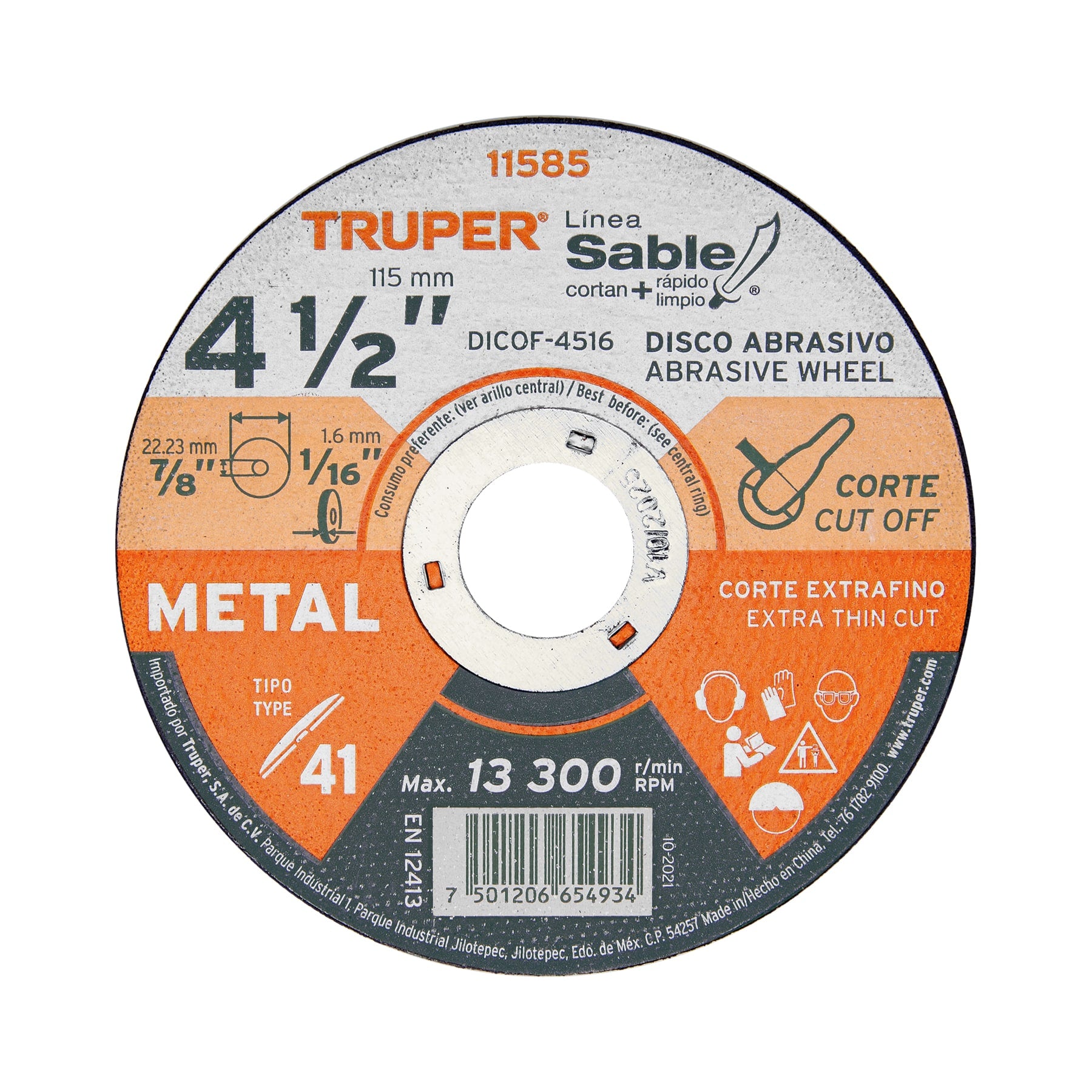Disco Tipo 41 de 4-1/2" x 1.6 mm corte fino de metal, Sable