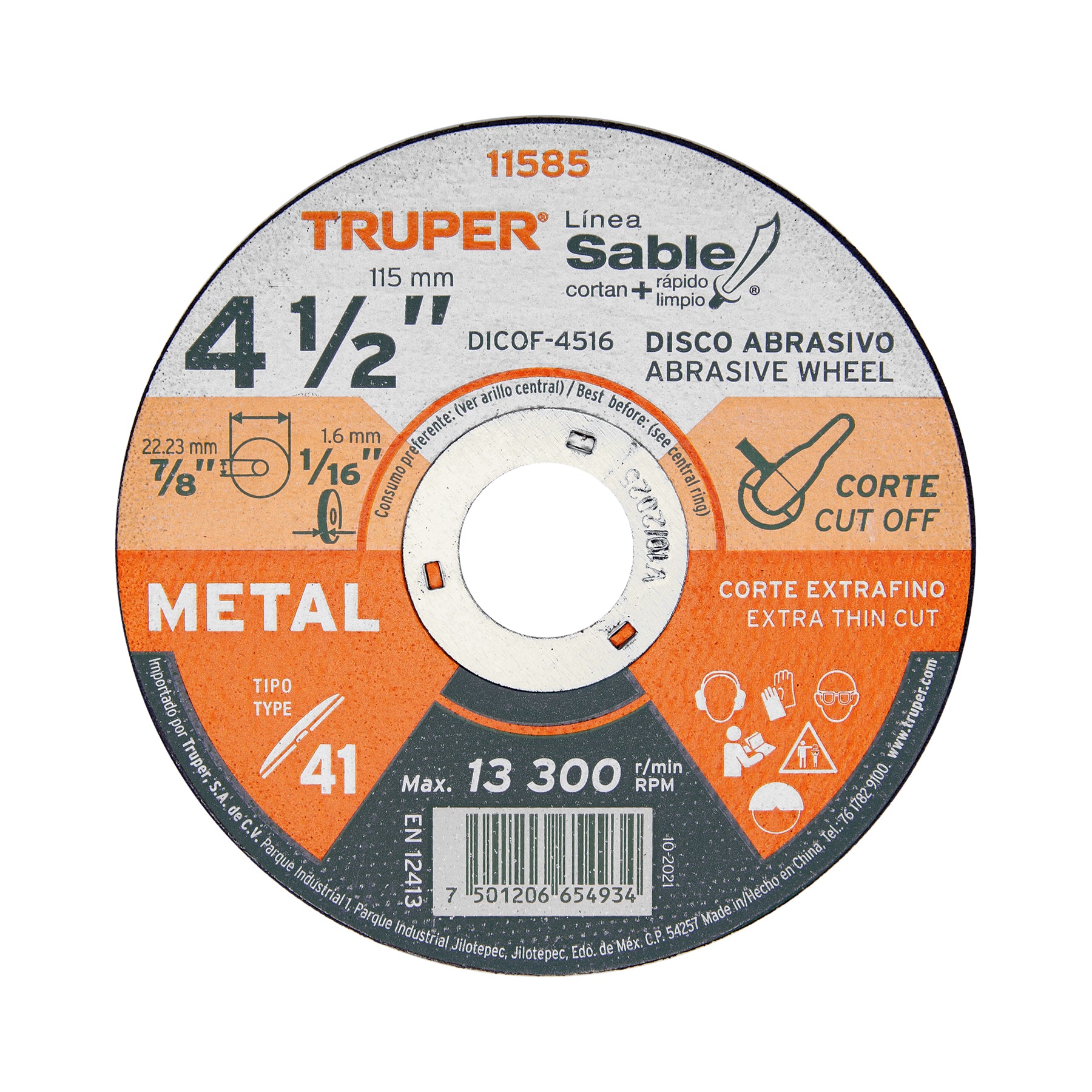 Disco Tipo 41 de 4-1/2" x 1.6 mm corte fino de metal, Sable