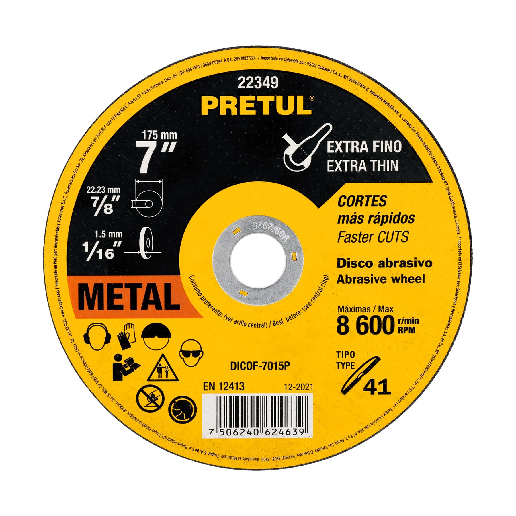 Disco abrasivo de corte preciso metal 7" x 1.5 mm, Pretul, DICOF-7015P, 22349