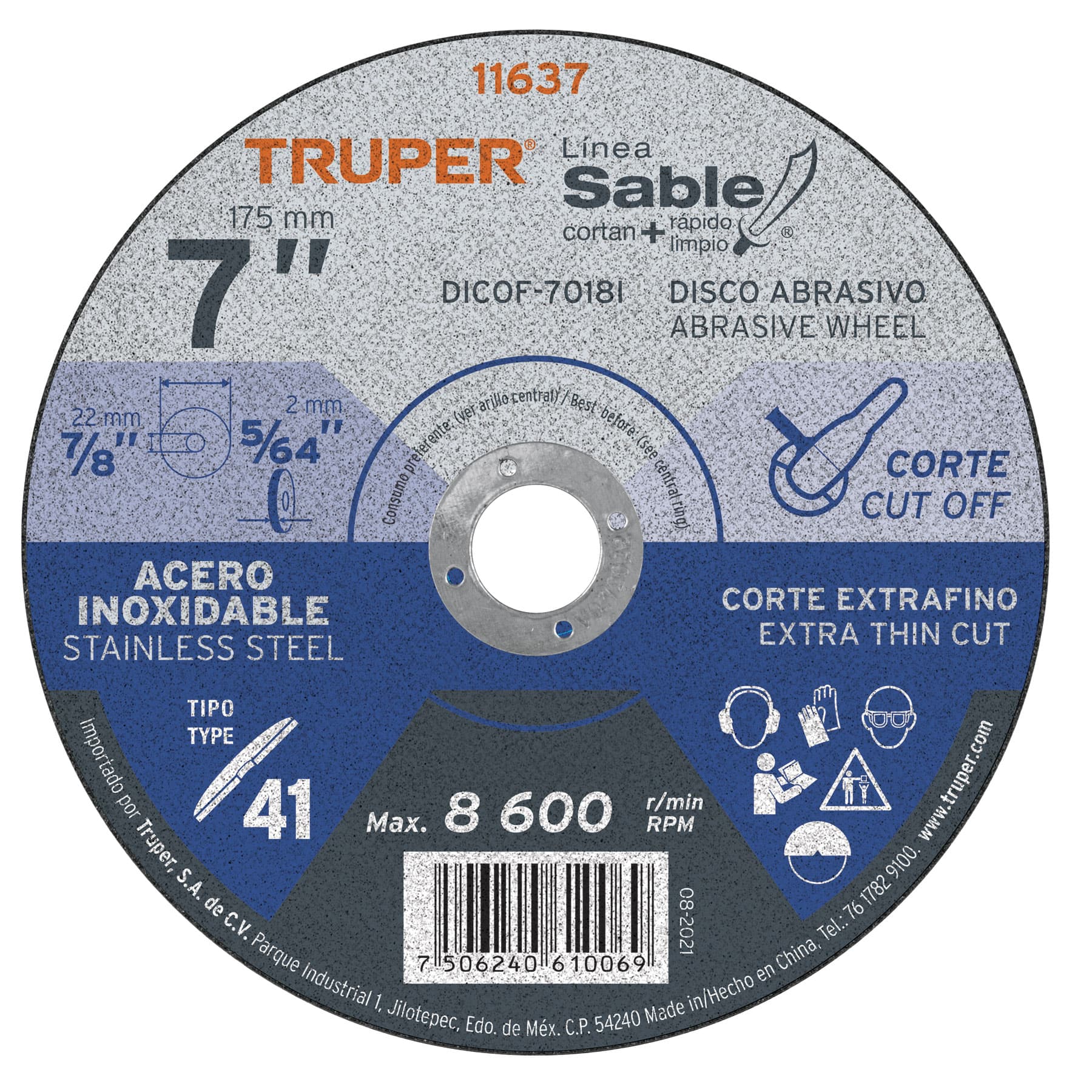 Disco Tipo 41 de 7" x 1.8 mm corte fino acero inoxidable Sable