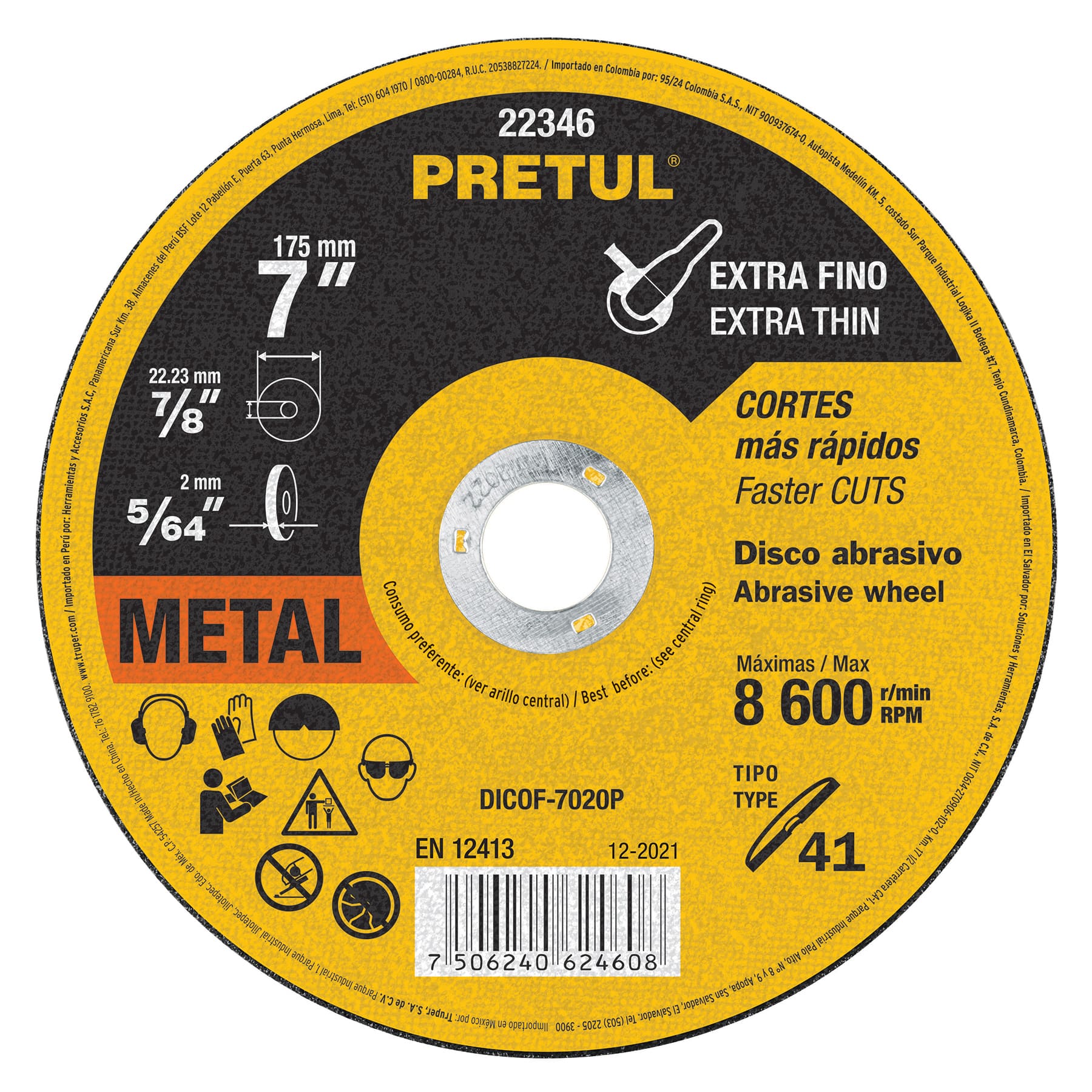 Disco Tipo 41 de 7" x 2 mm corte fino de metal, Pretul