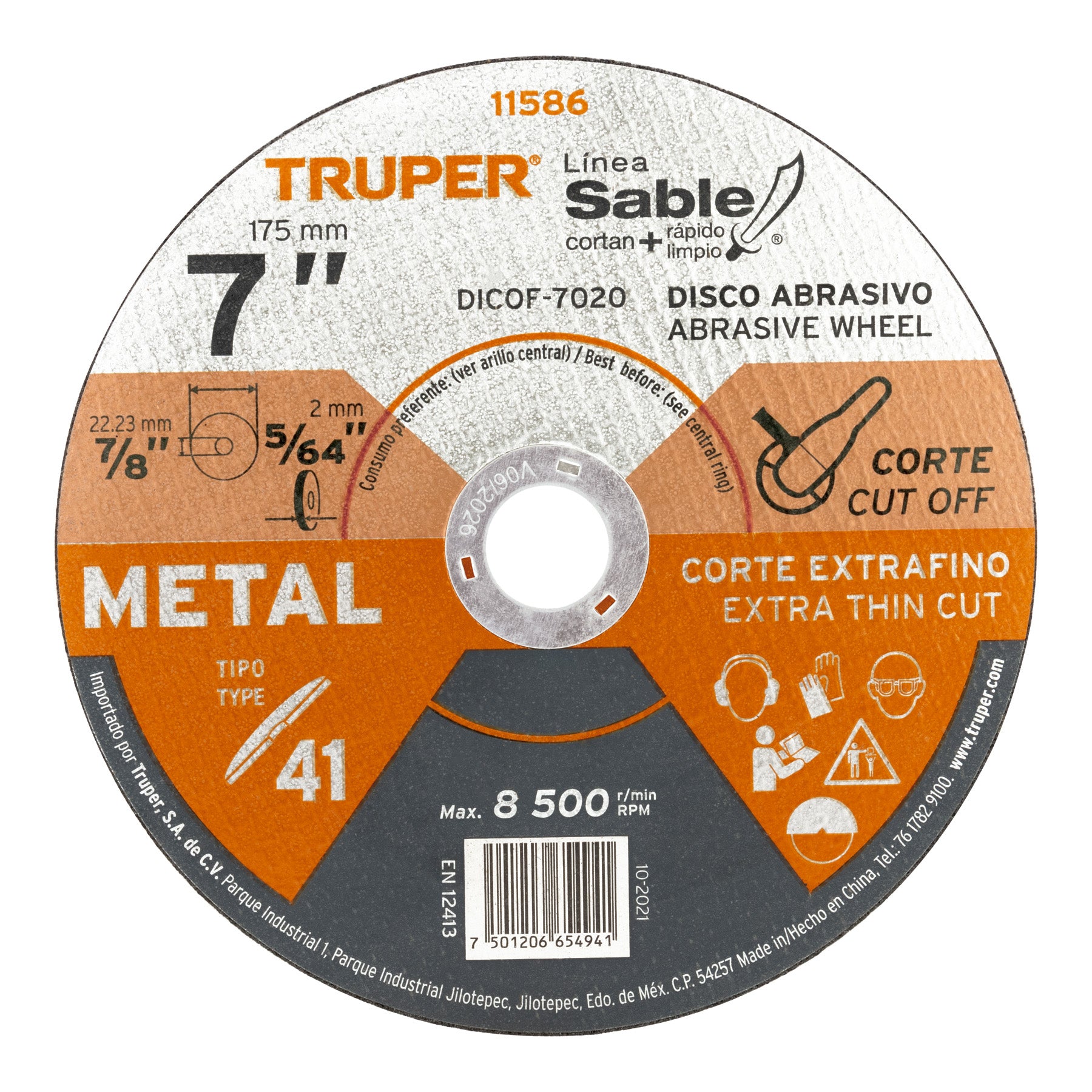 Disco Tipo 41 de 7" x 2 mm corte fino de metal, Sable