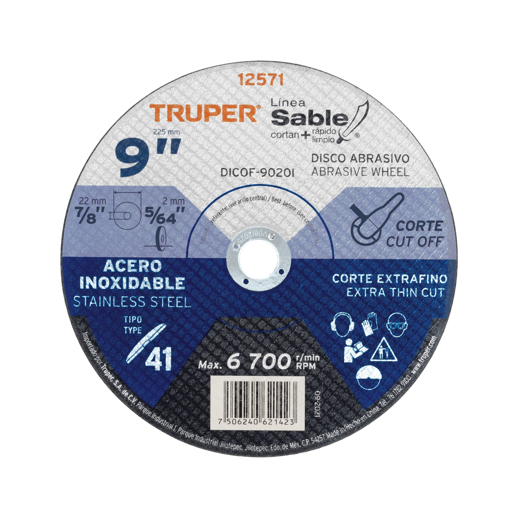 Disco Tipo 41 de 9" x 2 mm corte fino acero inoxidable Sable