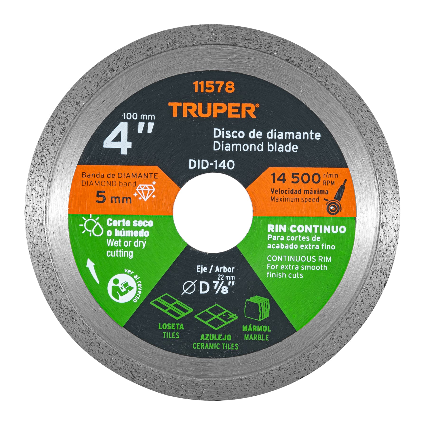 Disco de diamante de 4" x 1.6 mm, rin continuo, Truper