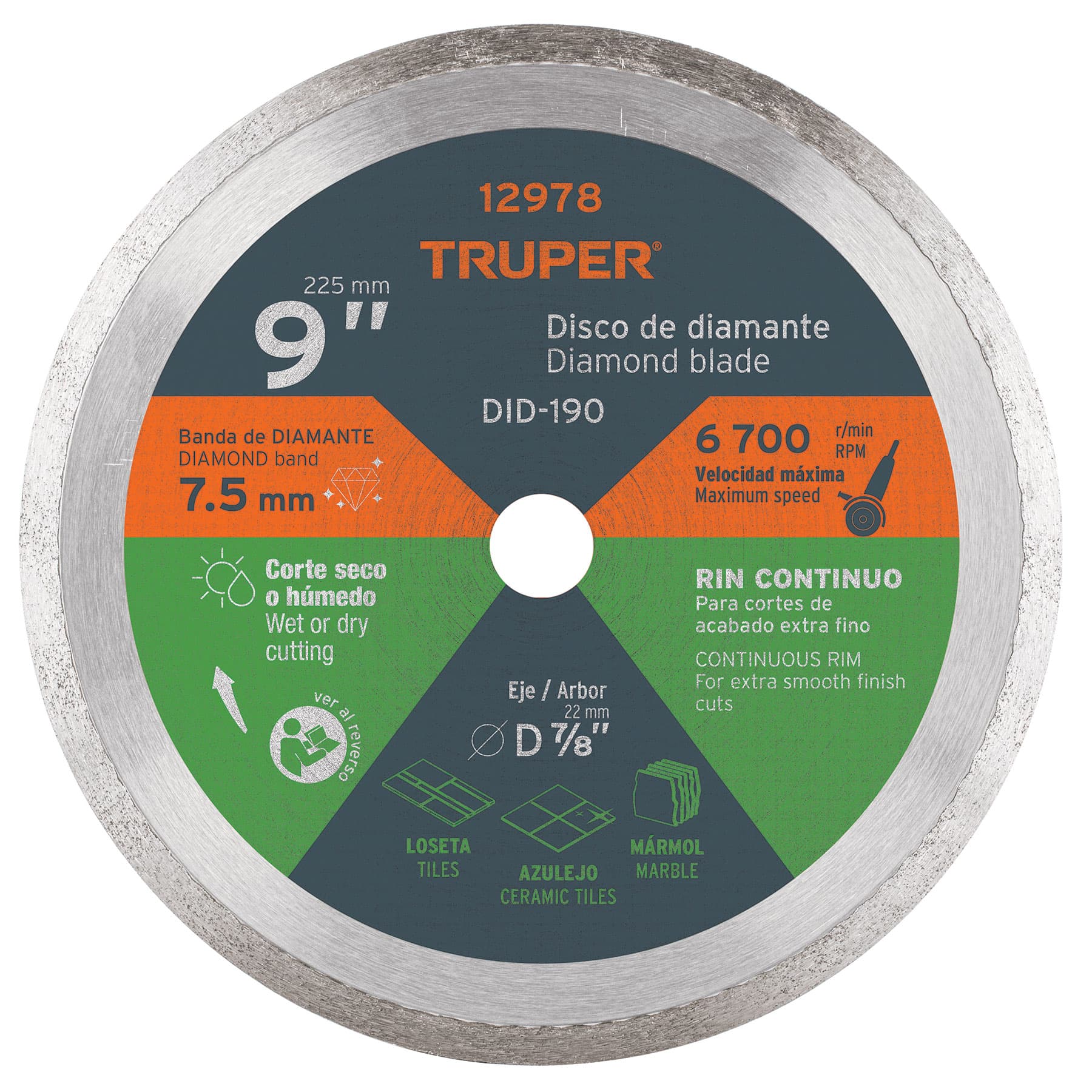 Disco de diamante de 9" x 2.2 mm, rin continuo, Truper