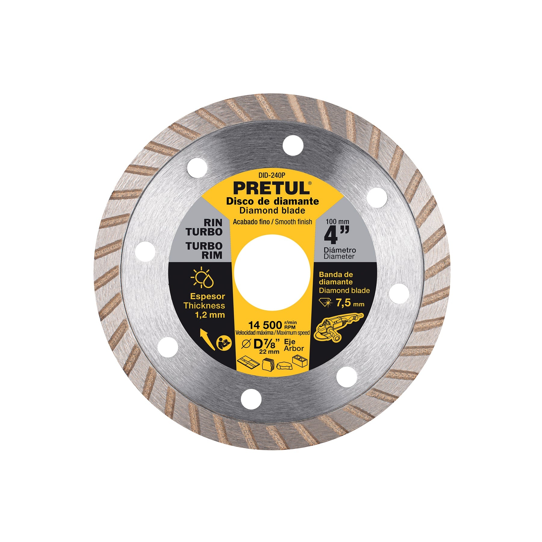 Disco de diamante de 4" x 1.2 mm, rin turbo, Pretul, DID-240P, 27016