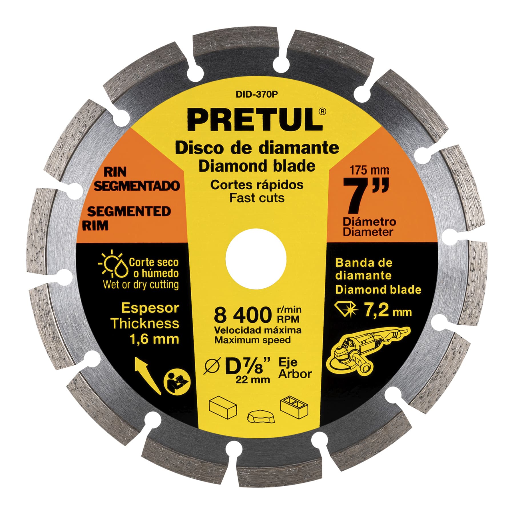 Disco de diamante de 7" x 1.6 mm rin segmentado, Pretul