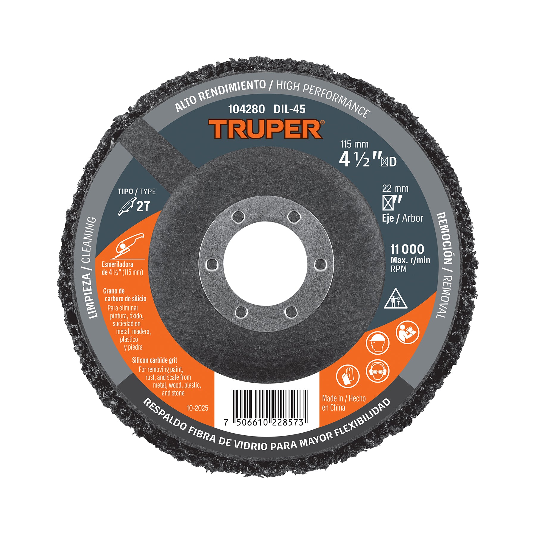 Disco removedor de pintura y óxido, respaldo de fibra de vidrio, ⌀4 1/2" (115 mm)