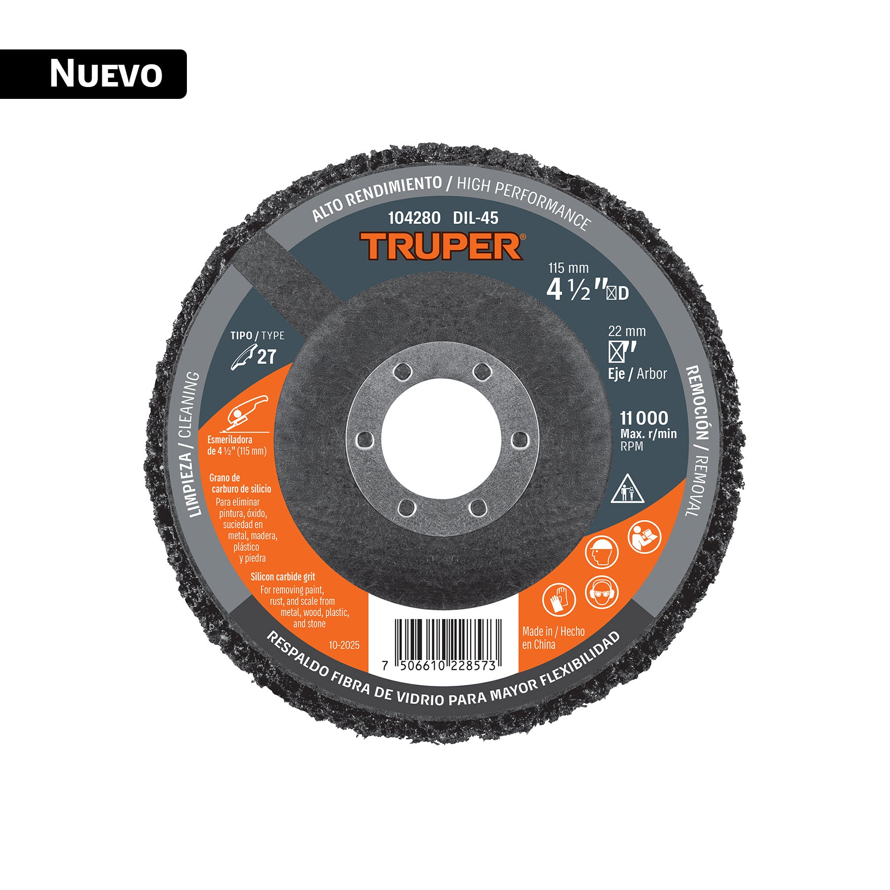 Disco removedor de pintura y óxido, respaldo de fibra de vidrio, ⌀4 1/2" (115 mm)