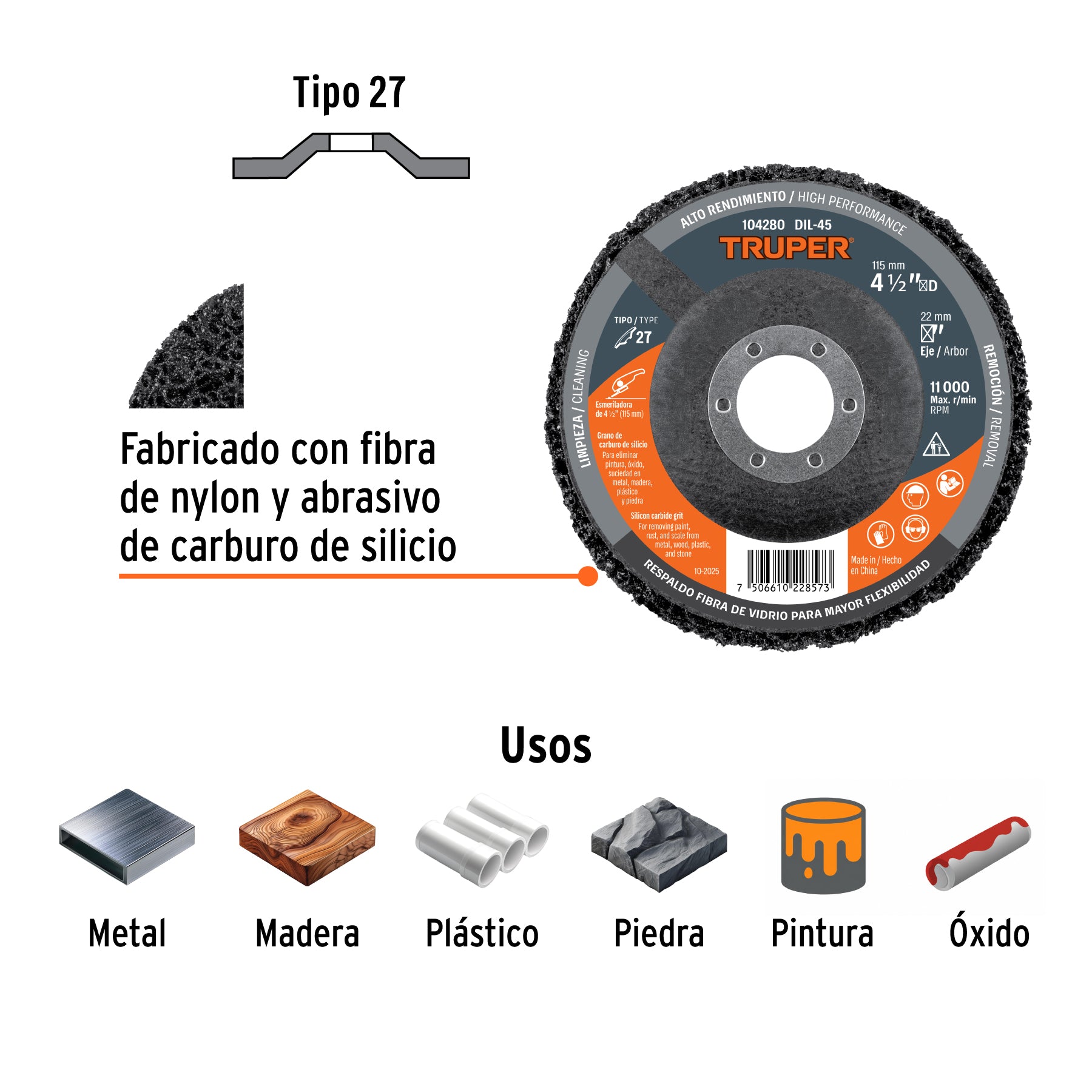 Disco removedor de pintura y óxido, respaldo de fibra de vidrio, ⌀4 1/2" (115 mm)