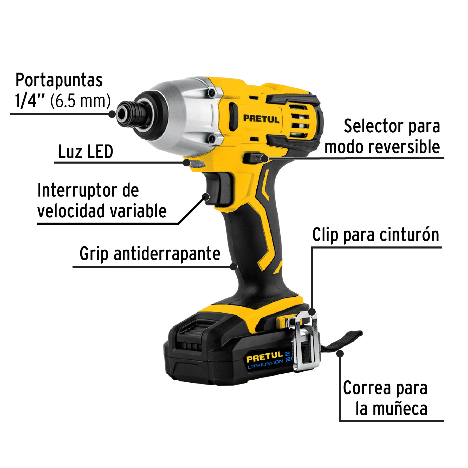 Destornillador de impacto 1/4", 20V, 1 batería 2Ah, Pretul