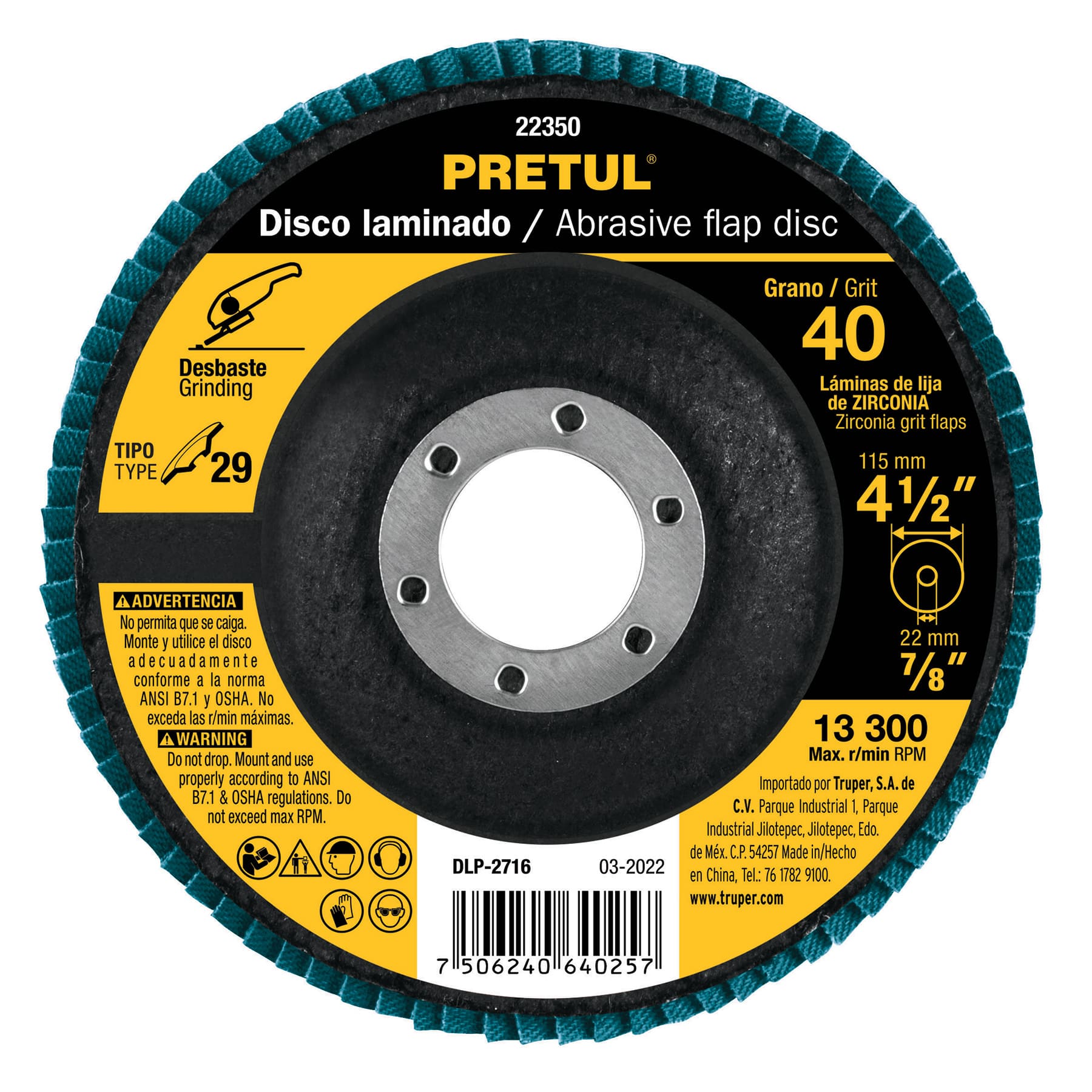 Disco laminado 4-1/2", grano 40 centro 7/8", fibra, Pretul