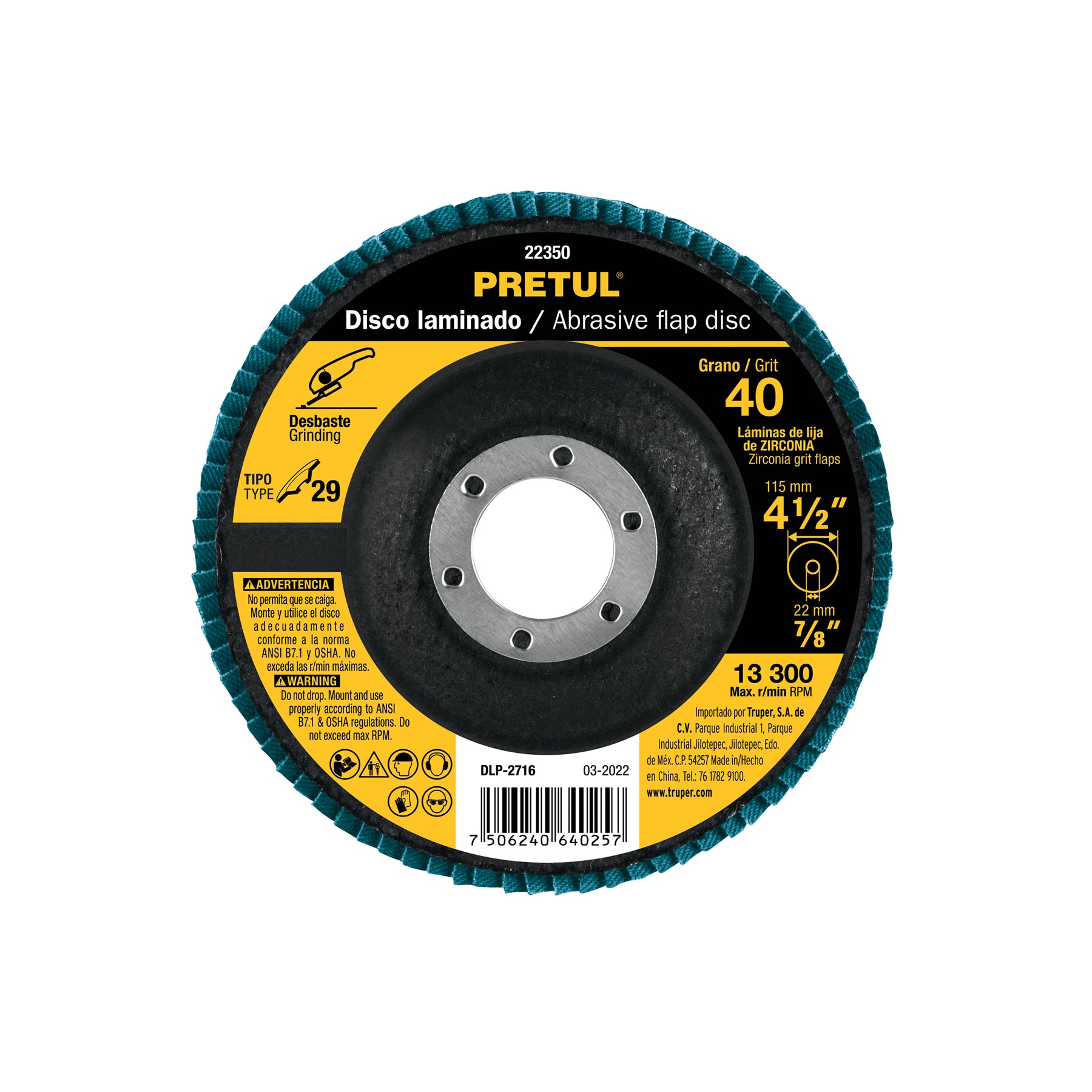 Disco laminado 4-1/2", grano 40 centro 7/8", fibra, Pretul, DLP-2716, 22350