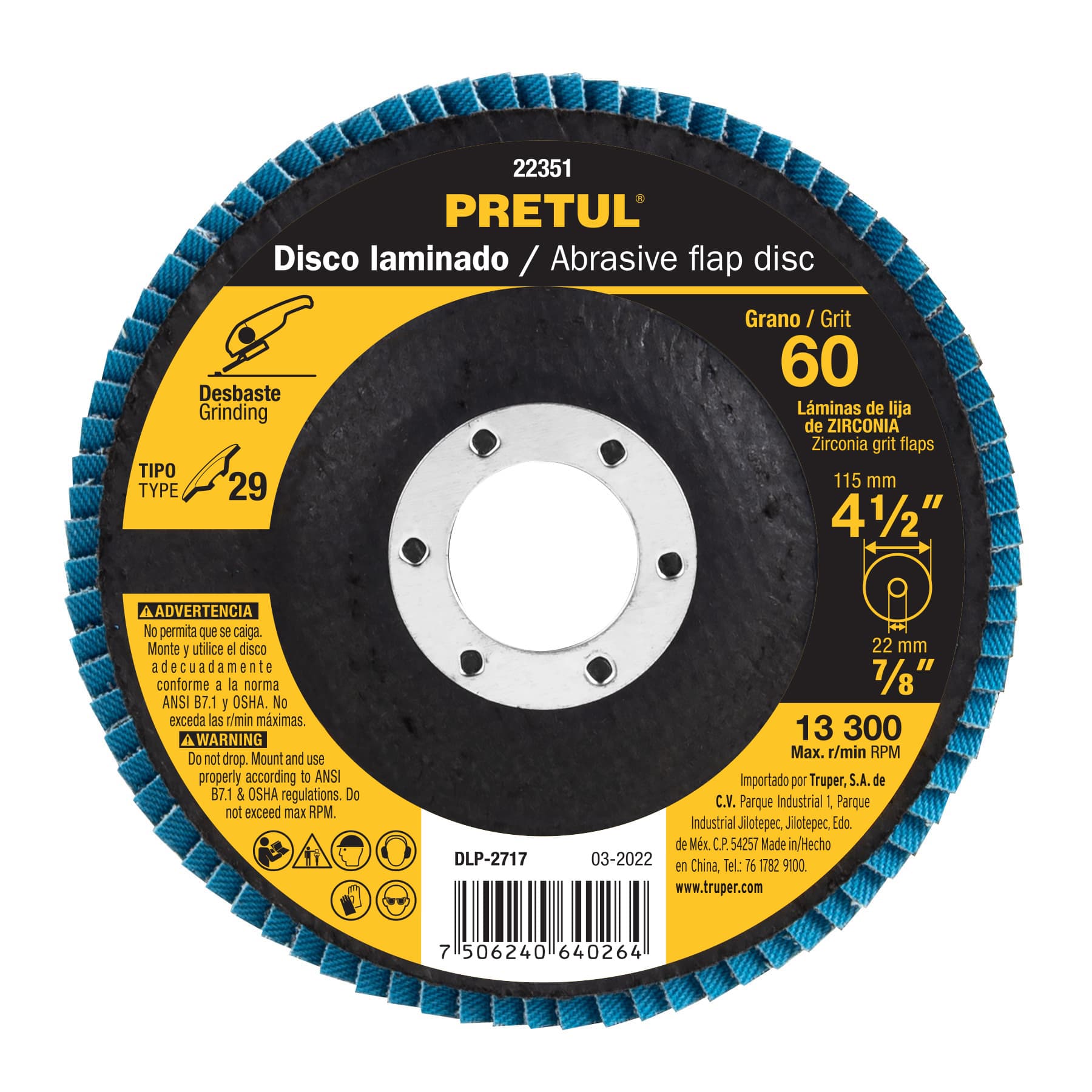 Disco laminado 4-1/2", grano 60 centro 7/8", fibra, Pretul, DLP-2717, 22351