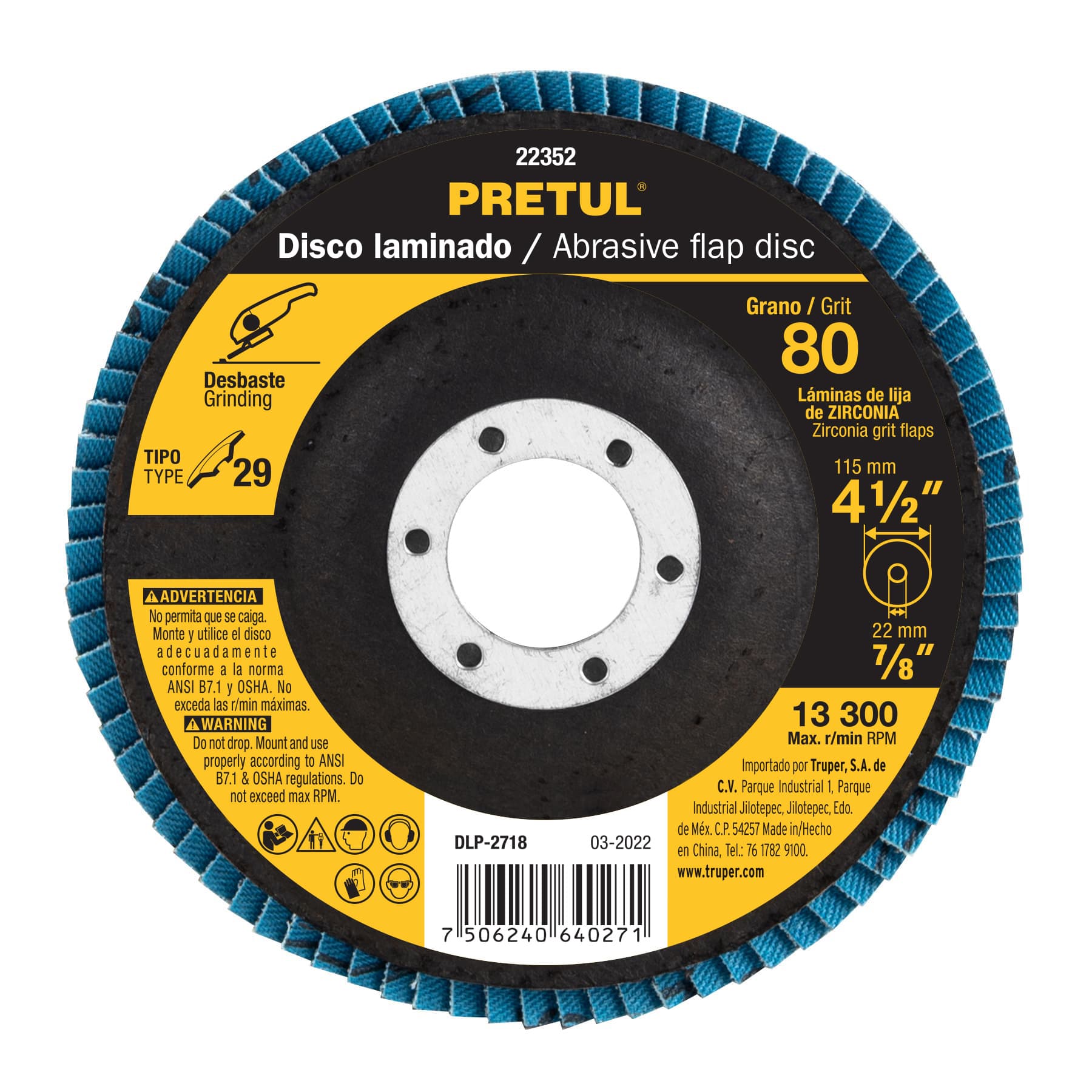 Disco laminado 4-1/2", grano 80 centro 7/8", fibra, Pretul, DLP-2718, 22352