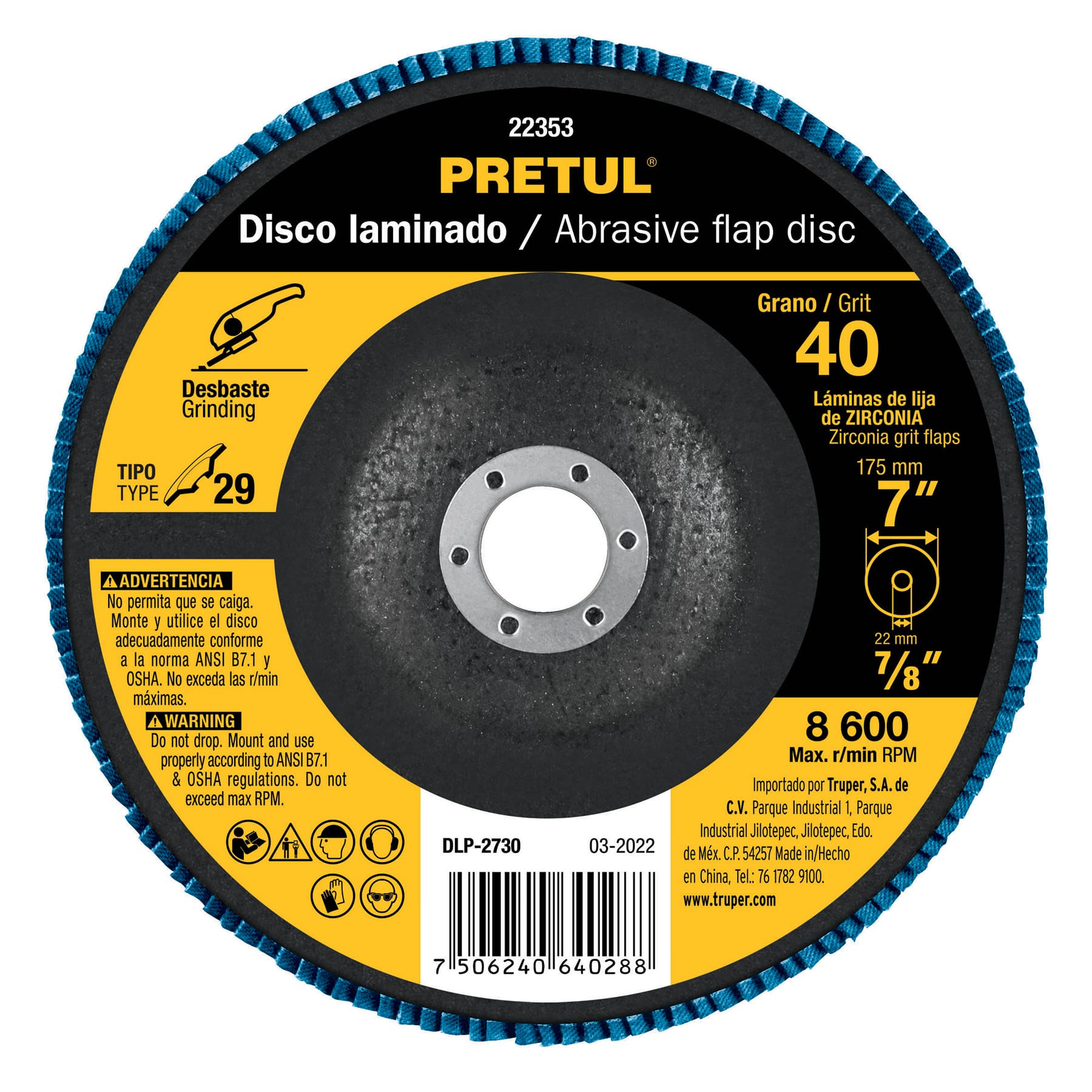 Disco laminado 7", grano 40 centro 7/8", fibra, Pretul, DLP-2730, 22353